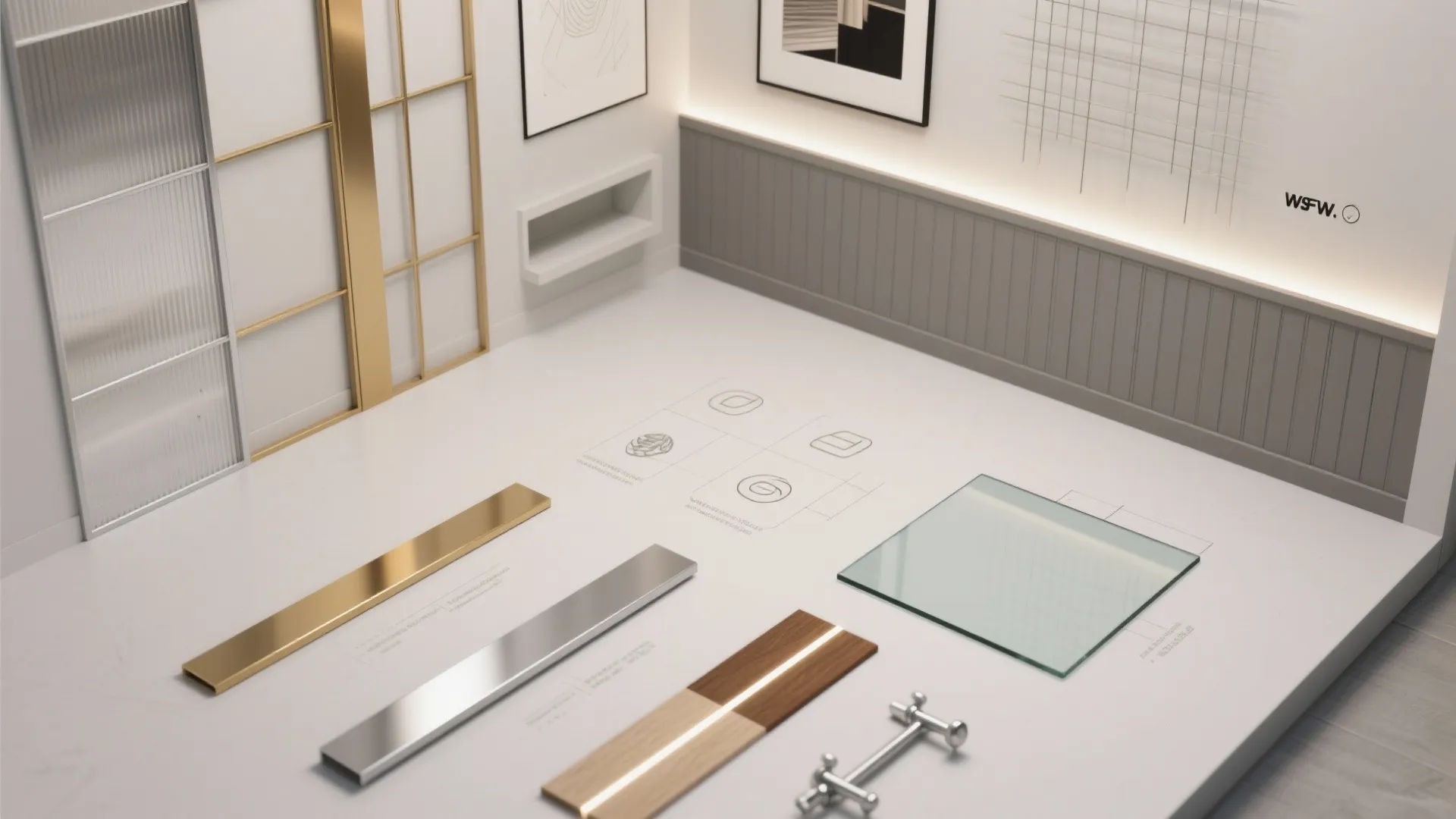 Interior design layout with gold metal silver bar wood samples glass and grey wall paneling