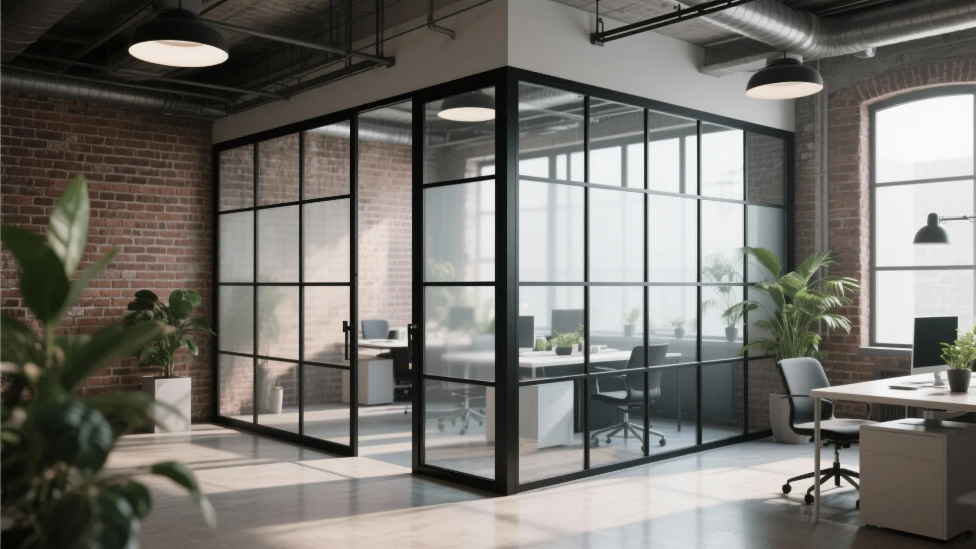 Industrial office design with black metal glass wall partitions red brick walls and white work desks