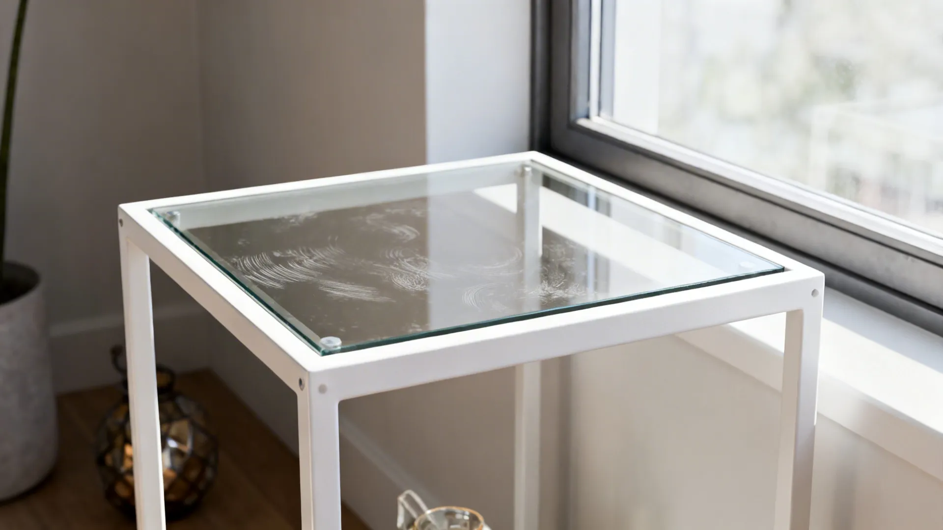 5. Metal-frame white table with glass shelf