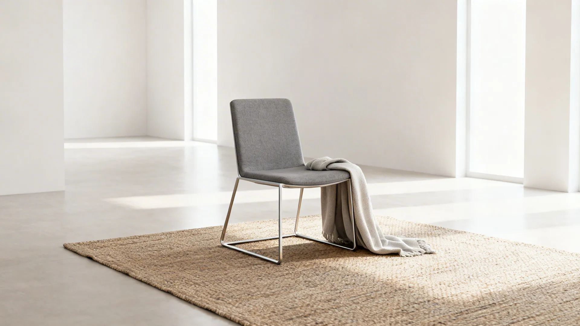 Slim metal-frame gray accent chair with open base in a minimalist small living room