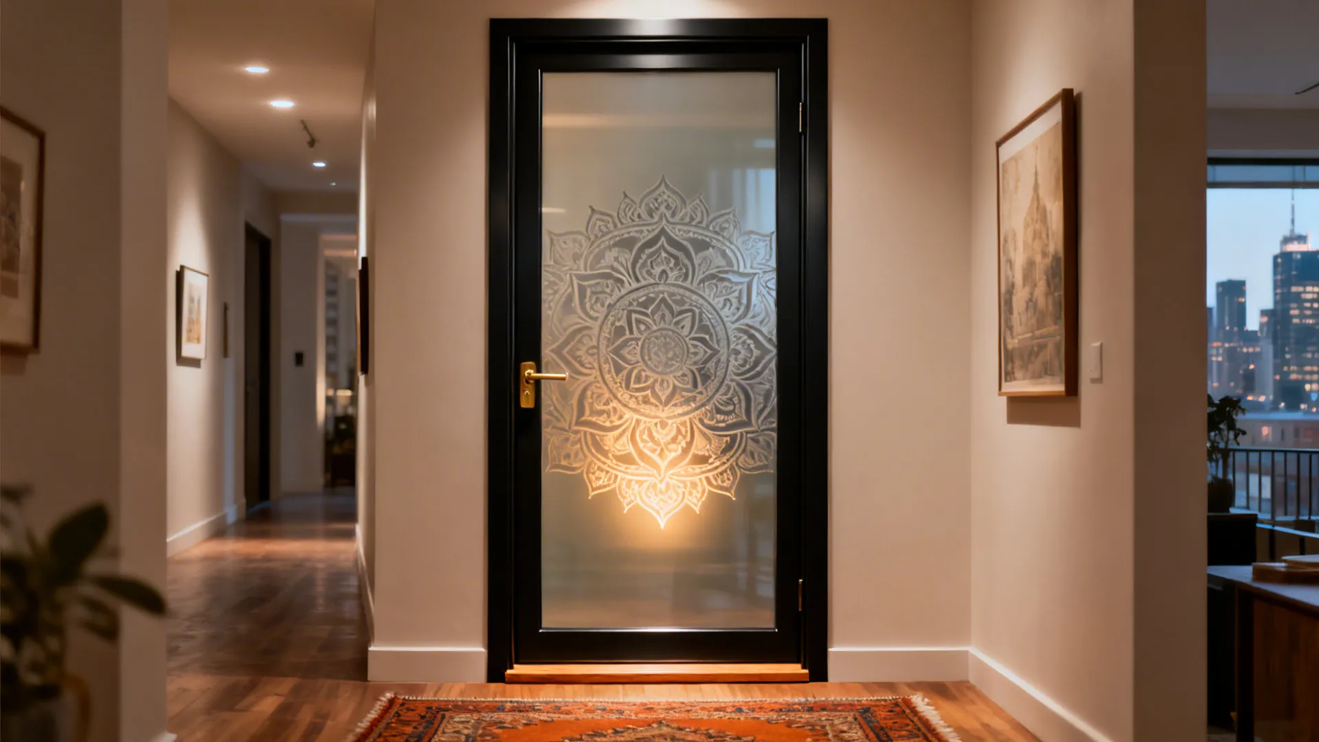 Minimal metal-framed pooja door with etched mandala softly glowing in a modern corridor