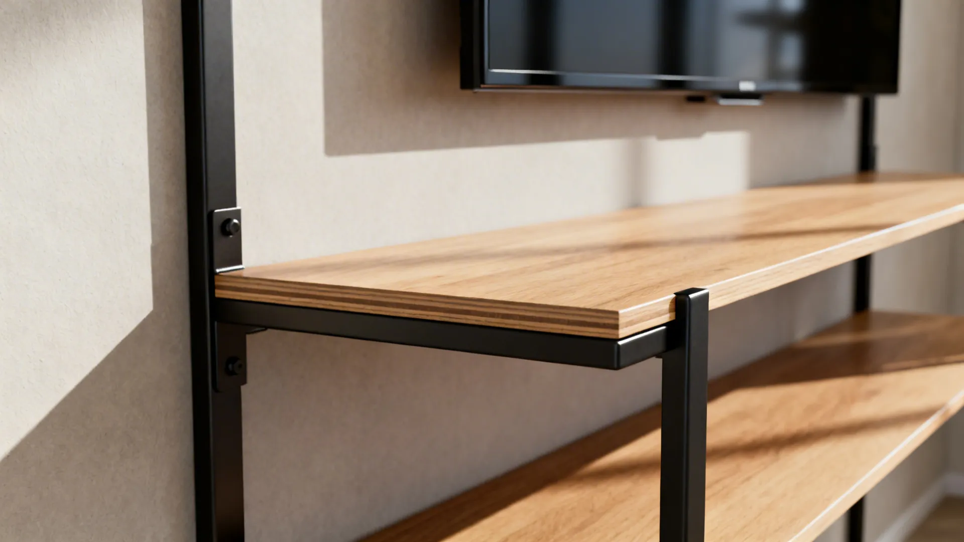 Close-up of a minimalist metal frame TV stand with floating wooden shelves and wall anchoring.