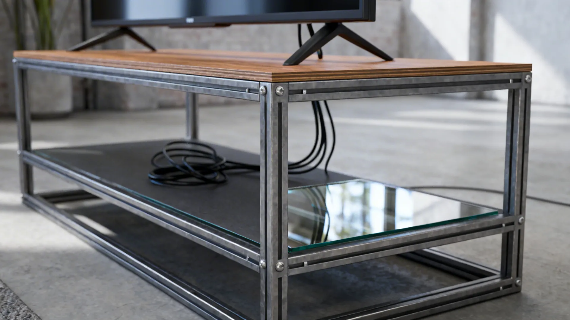 Metal-framed minimalist TV stand with thin wood top and visible cable routing