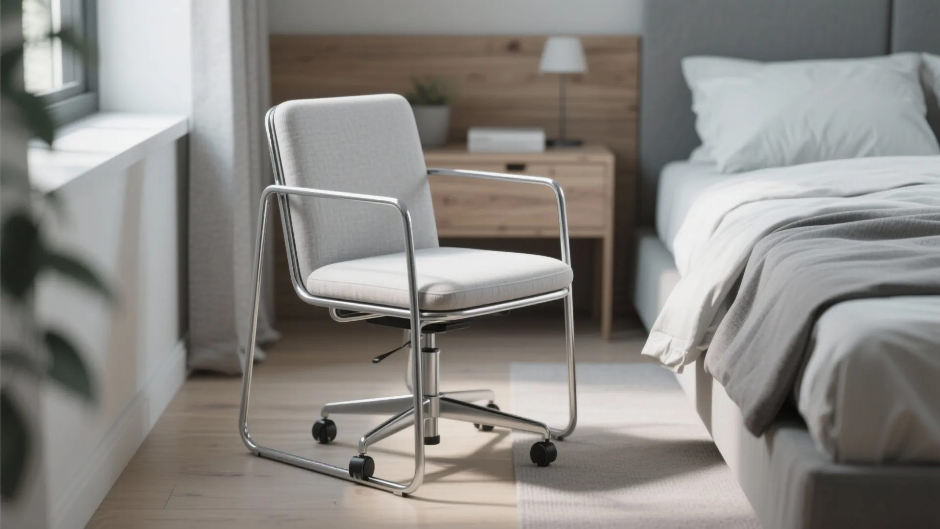 Lightweight metal-frame swivel chair in a modern small bedroom with visible floor clearance.
