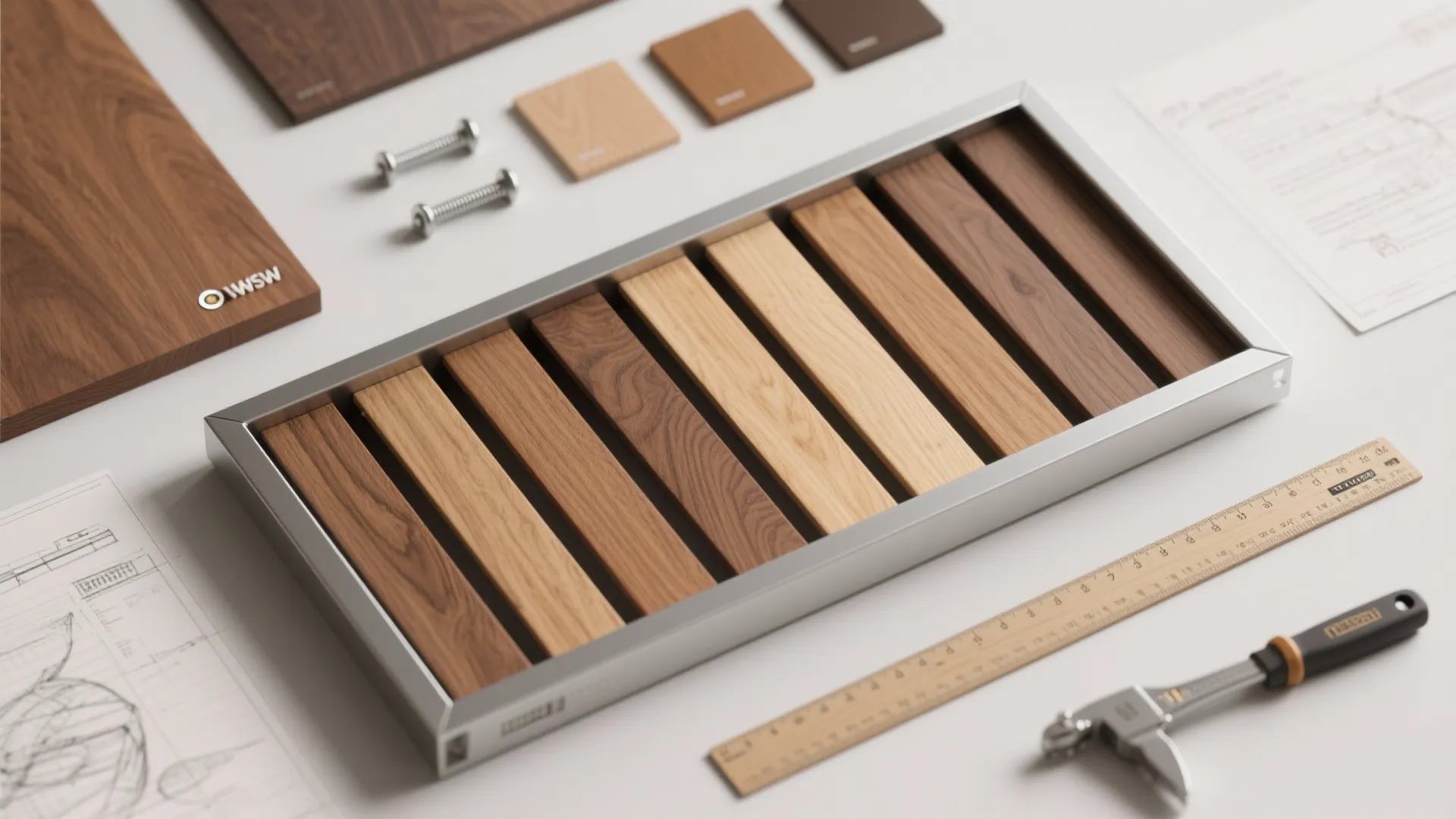 Metal frame containing various wood color samples next to a ruler and interior design drawing