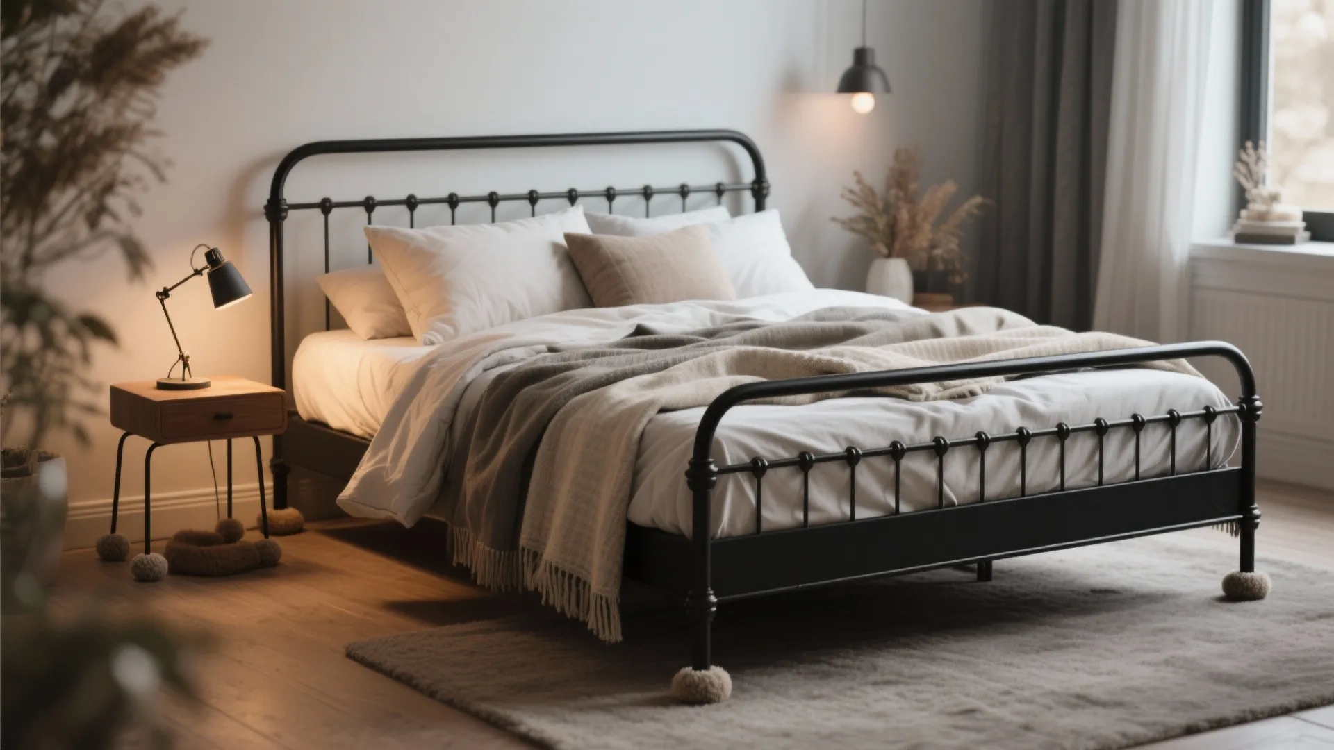 3. Black metal frame bed with layered textiles