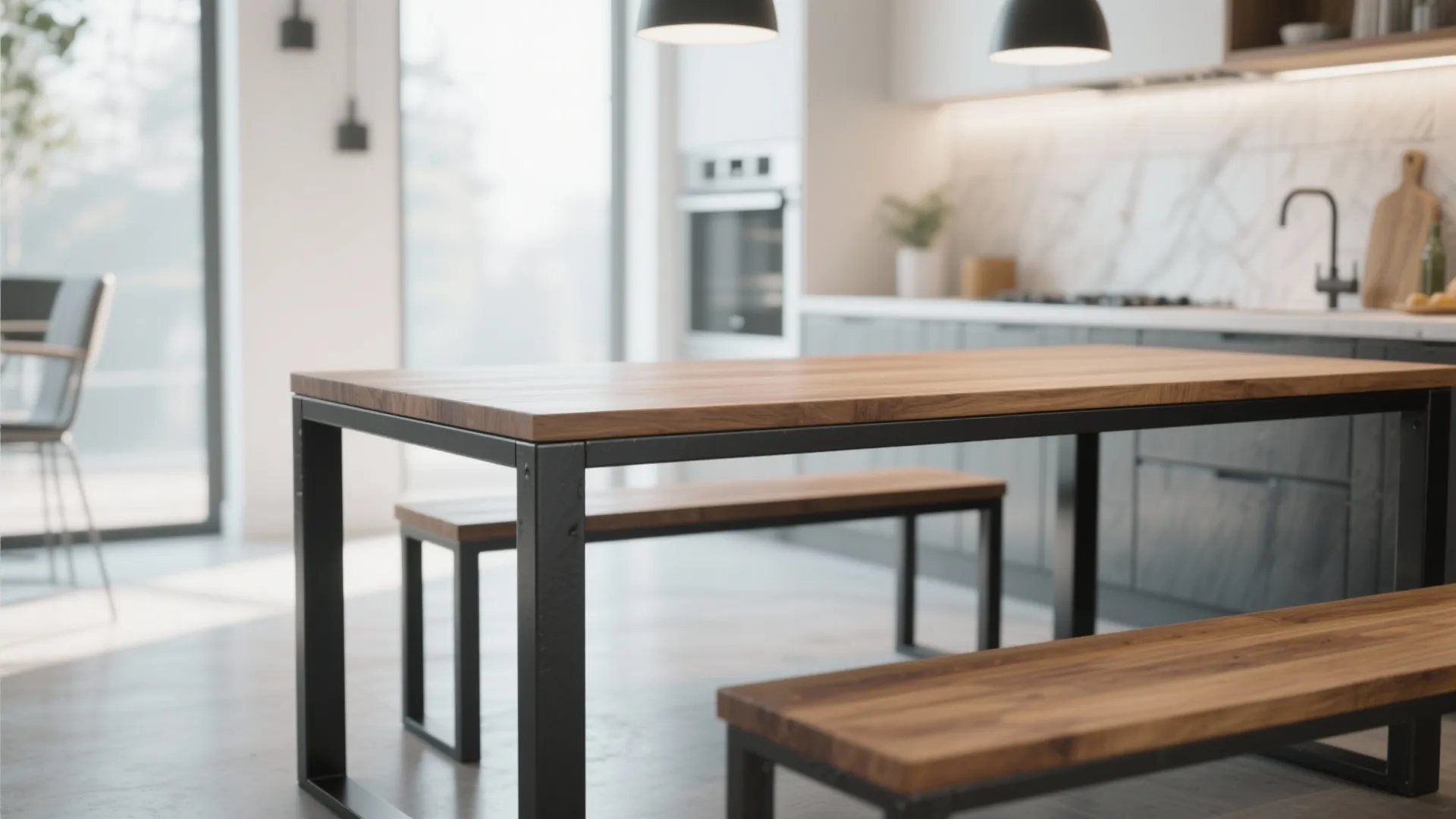 Modern wooden dining table with black metal frame and matching benches in a bright kitchen