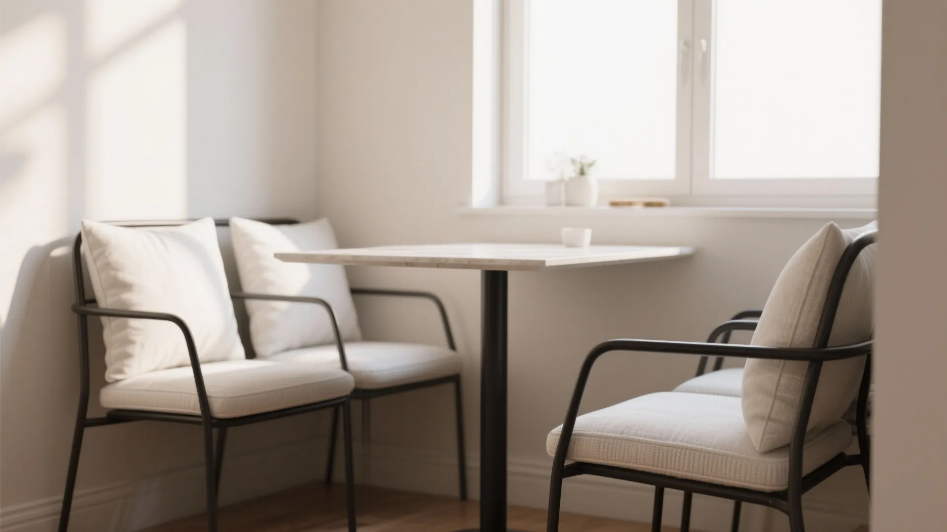 Compact dining nook with slim black metal frame chairs and white padded cushions