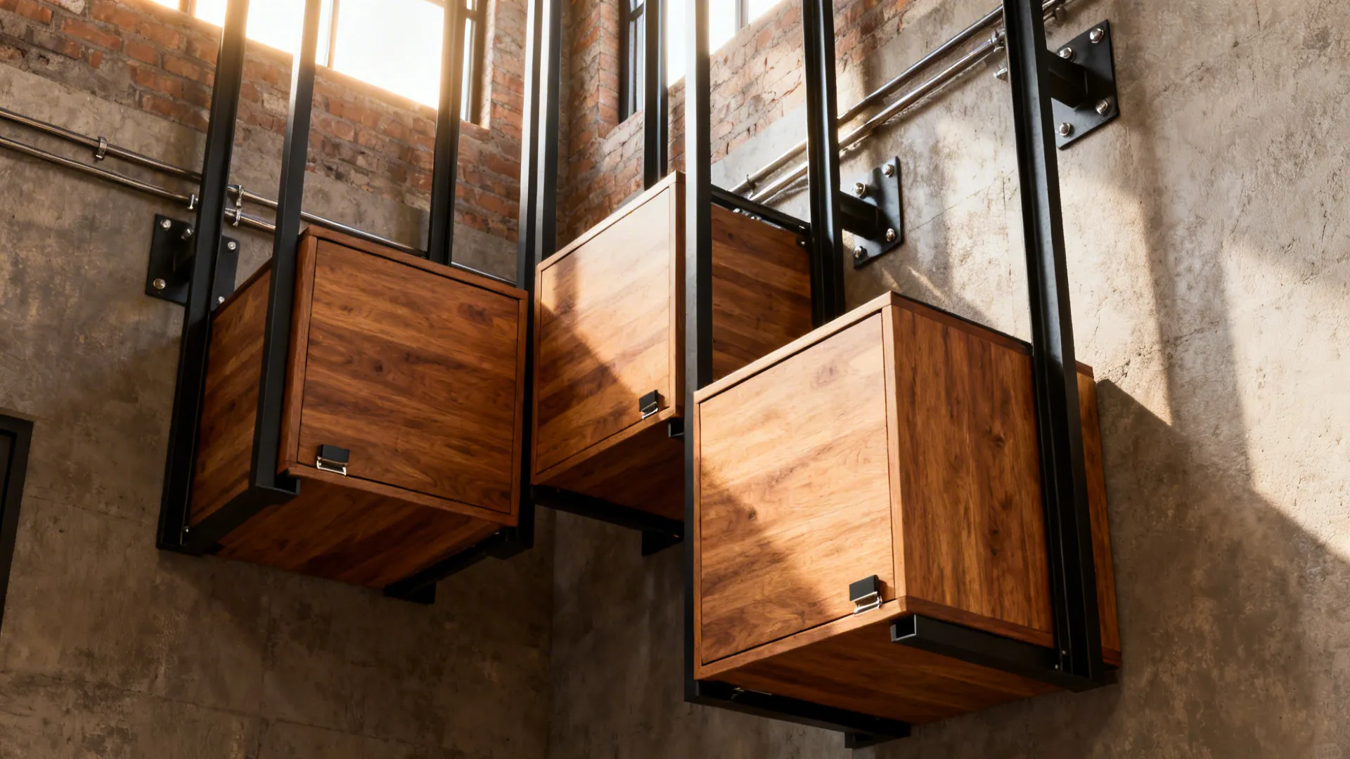 Industrial wall with wooden storage boxes hanging from black metal frames on grey concrete background