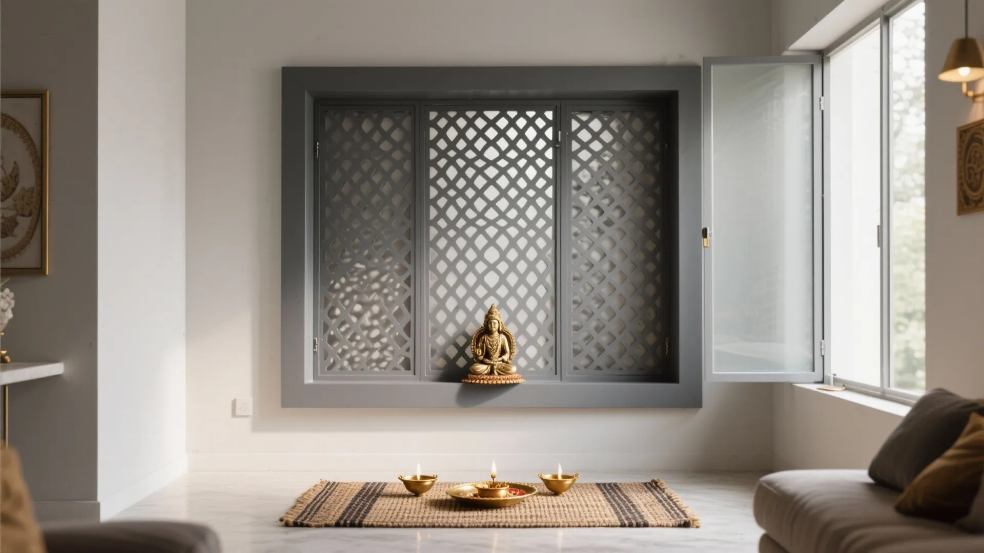 Powder-Coated Metal Jali with Geometric Patterns
