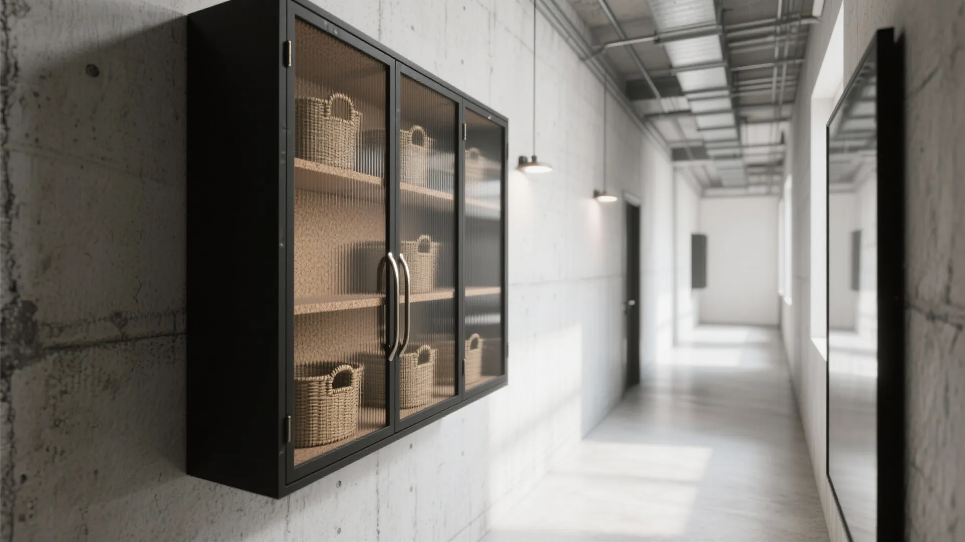 Industrial hallway featuring concrete walls with a black wall cabinet holding several small woven baskets