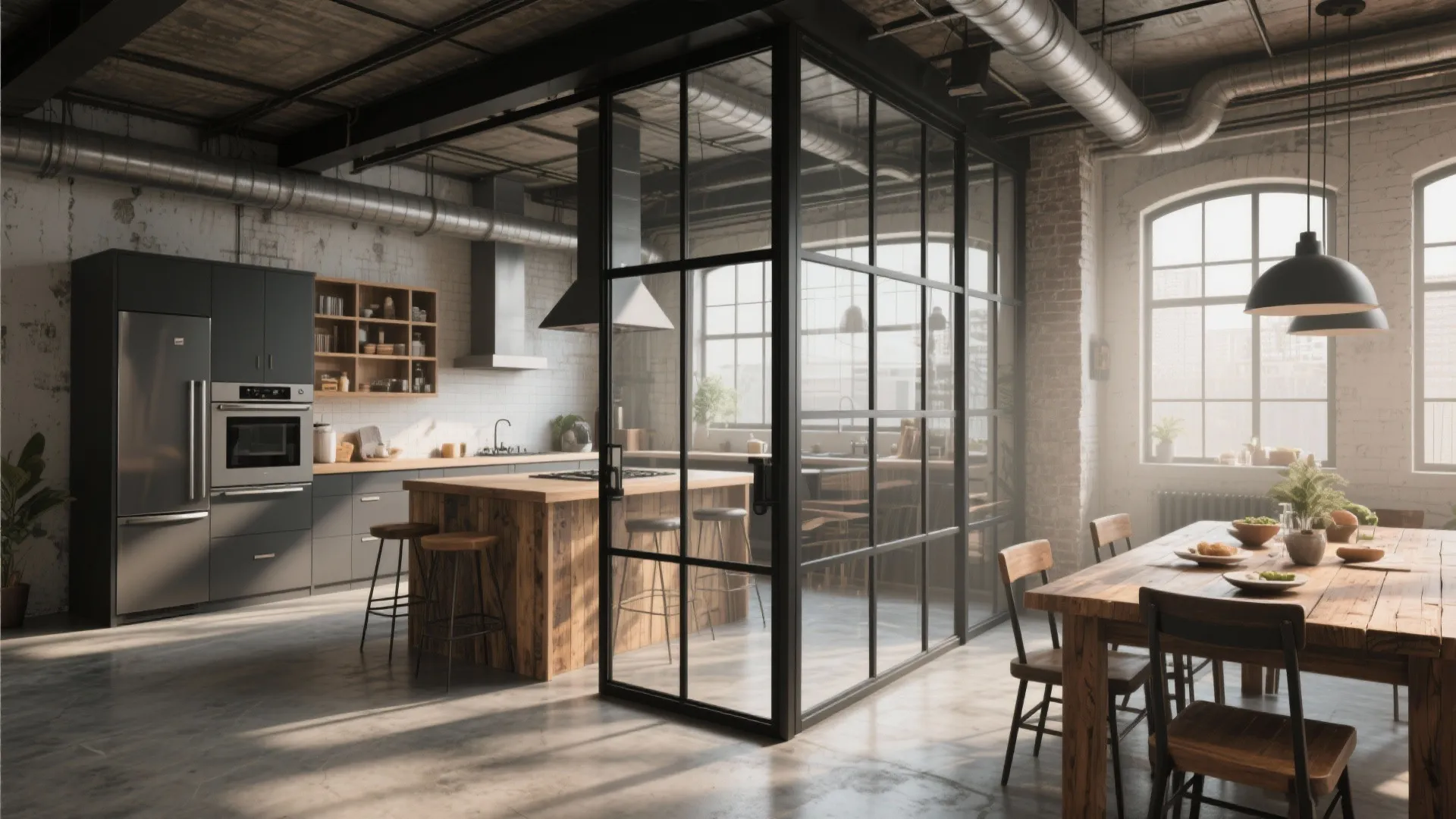 Industrial kitchen with black glass wall panels wooden table and exposed pipes on the ceiling