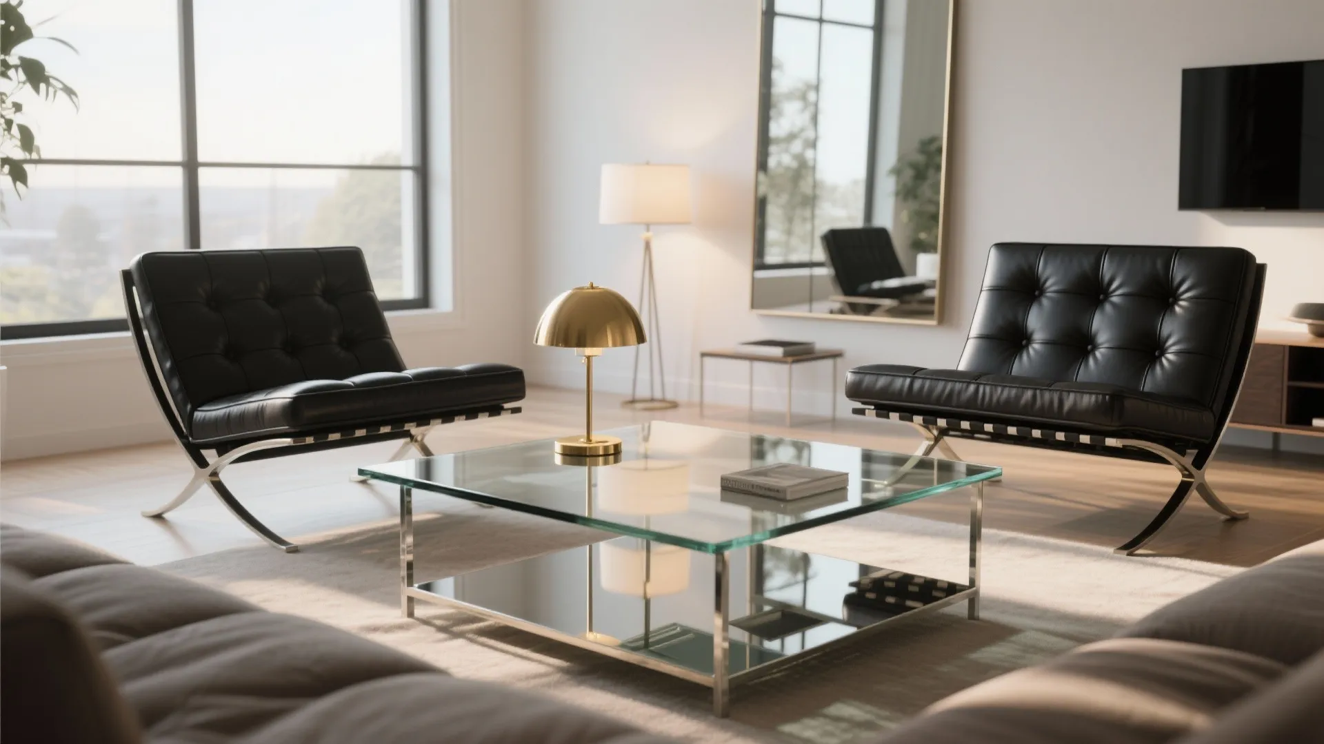 Black leather chairs paired with a glass coffee table and brass lamp, reflective surfaces keep the space airy.