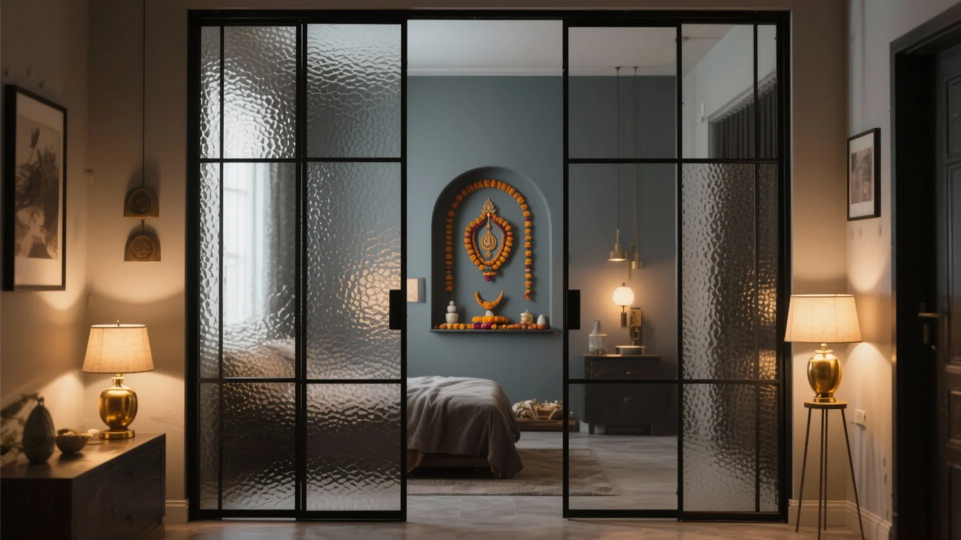 Black metal frame glass doors opening to a bedroom with grey walls and warm lighting