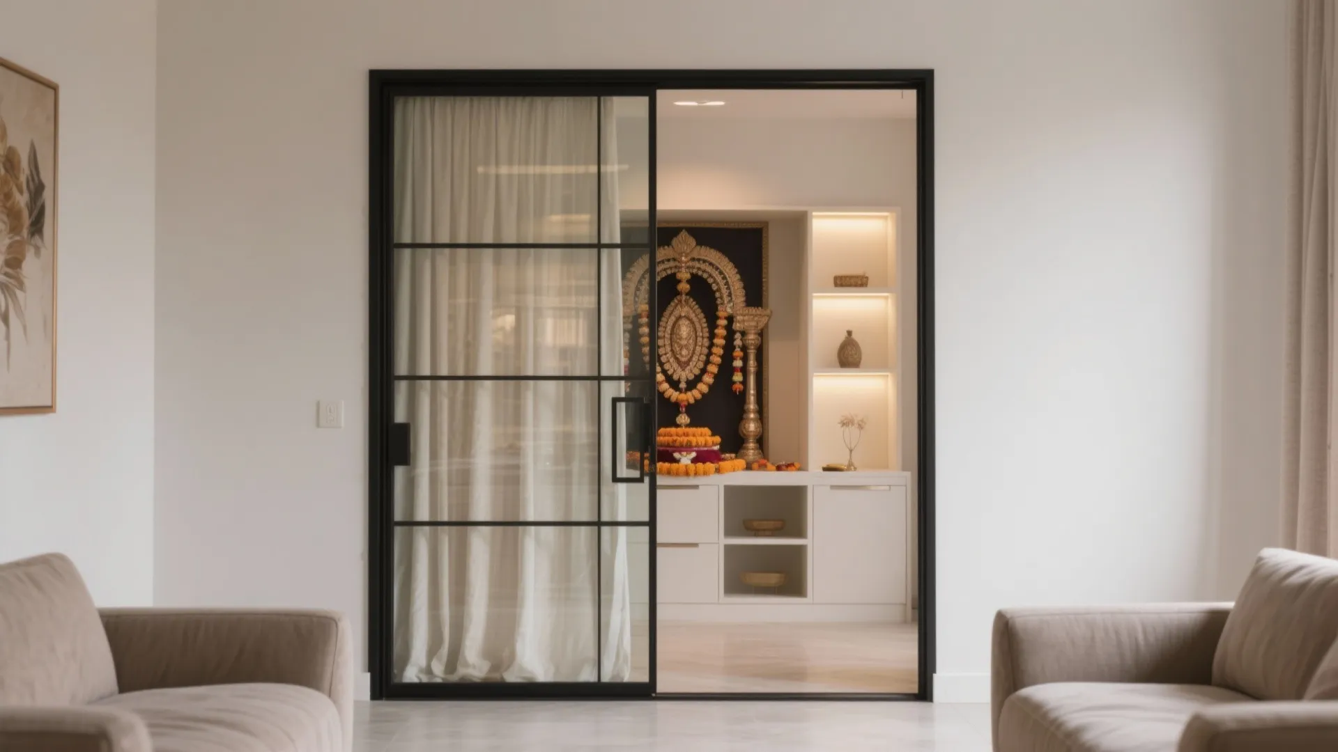 Metal-Framed Clear Glass with Sheer Curtain