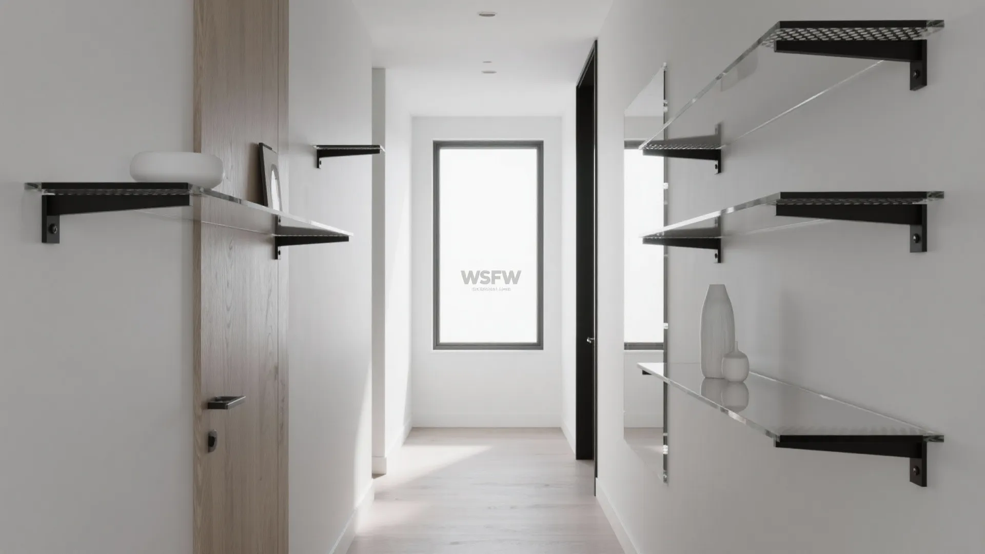 Low-iron glass shelves on slim metal brackets reflecting window light in a hall.