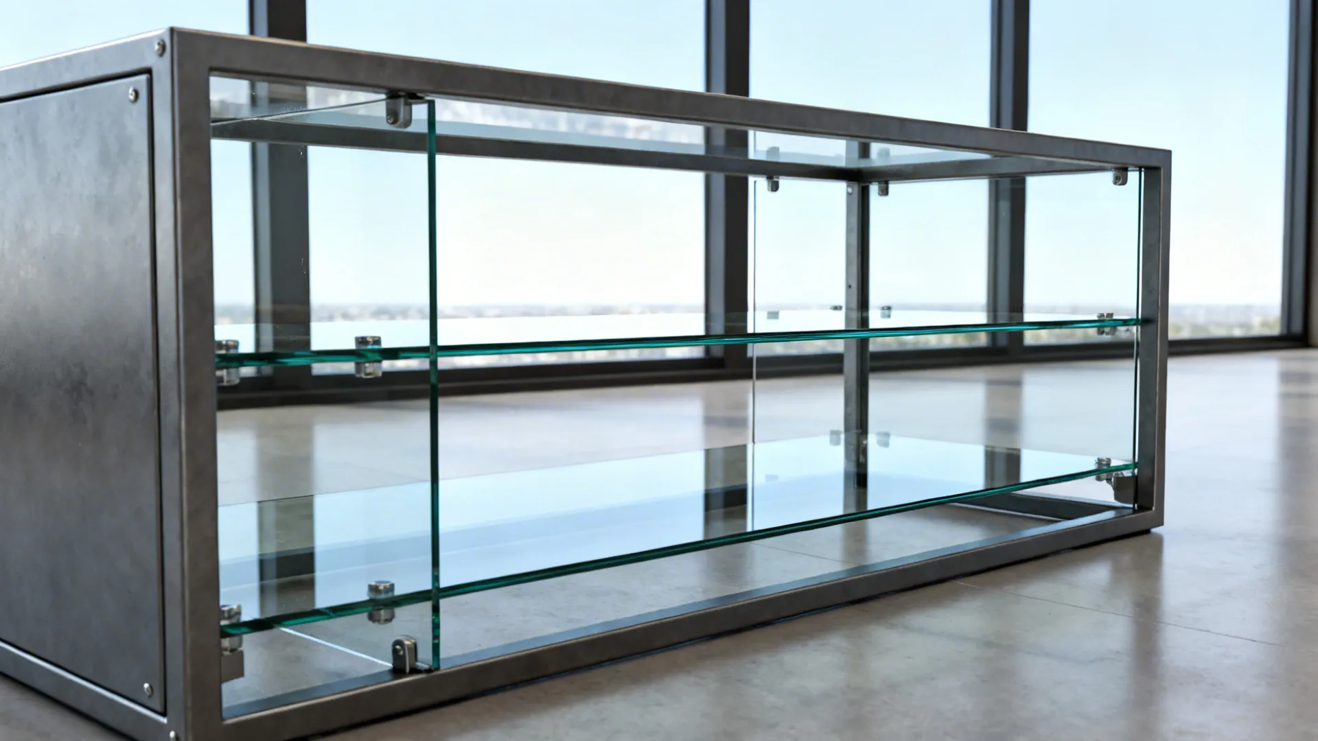Open metal frame TV stand with tempered glass shelves beside a panoramic window