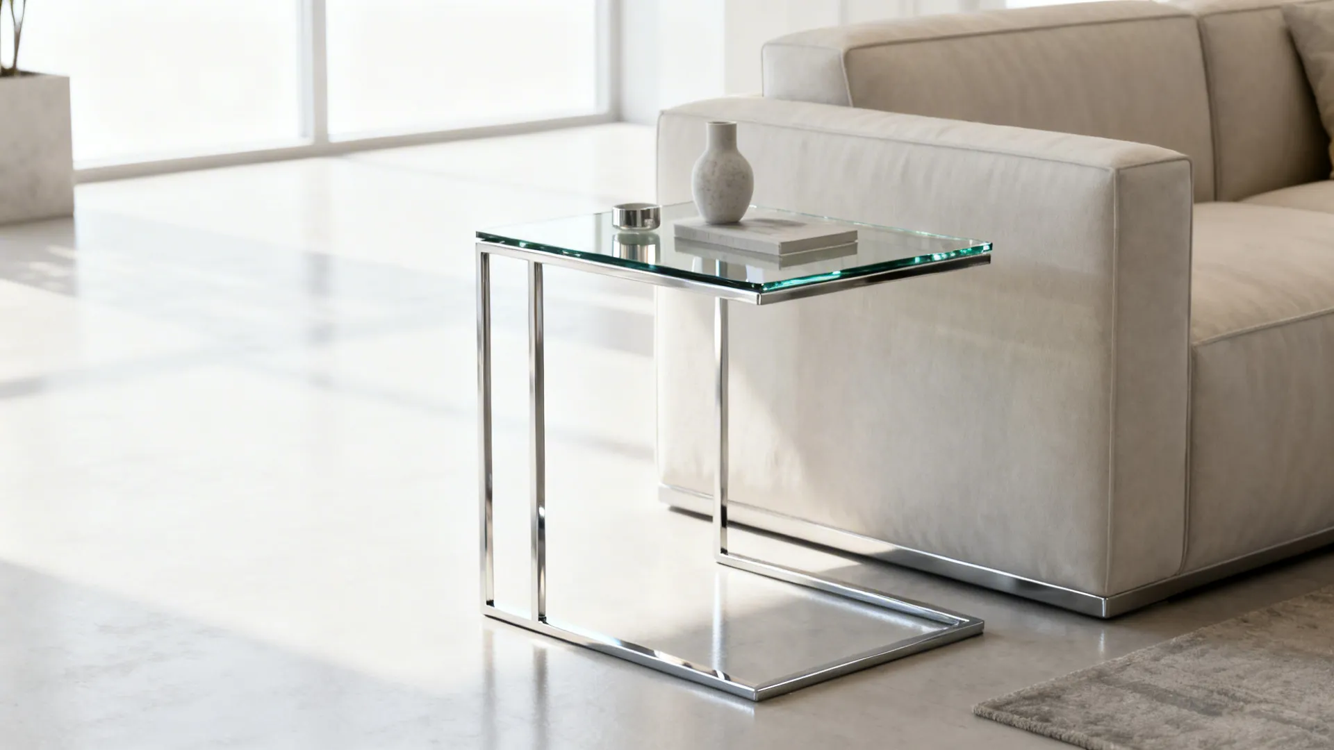 Slim metal-frame end table with a glass top beside a light sofa, creating an airy modern look