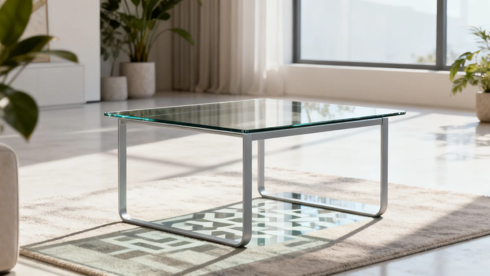 Airy living room with a metal-and-tempered-glass center table that creates a floating visual effect