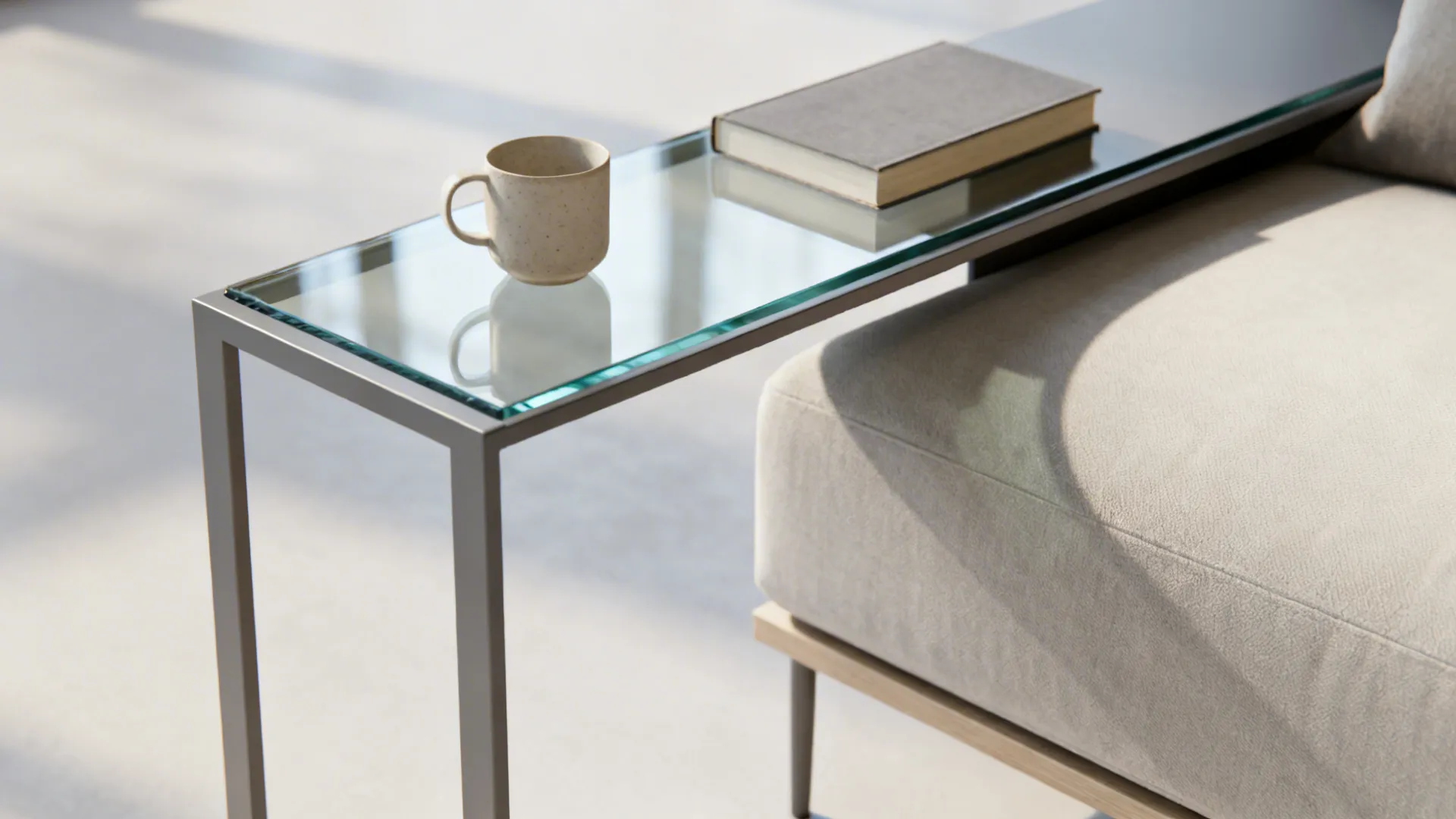 Slim metal and glass side table over a sofa holding a white mug and book