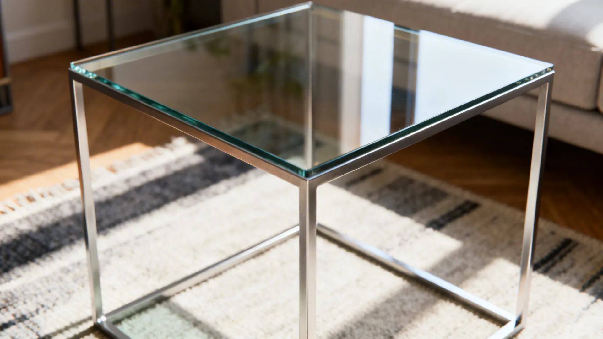 Metal frame square table with a tempered glass top showing a minimalist look