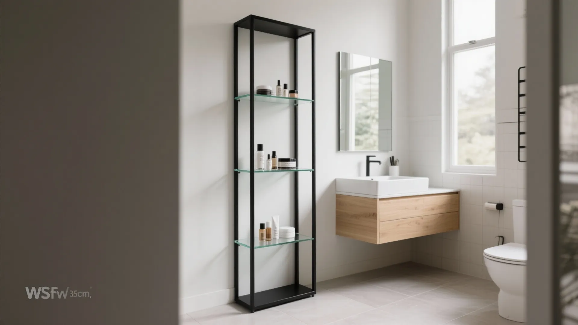 Metal Frame + Glass Shelf Tower Beside the Vanity