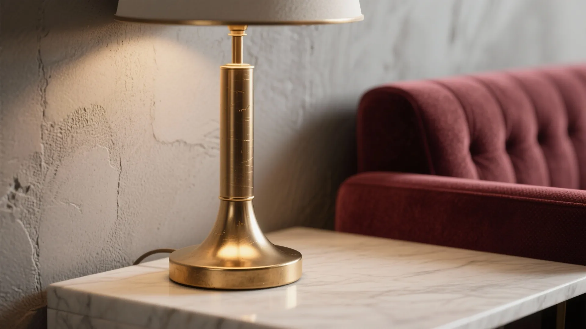 Brushed brass lamp with gray wall and burgundy chair