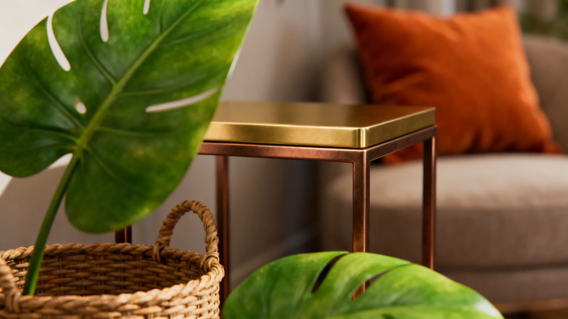 Gold metal side table near green plant leaf and woven basket with orange sofa background
