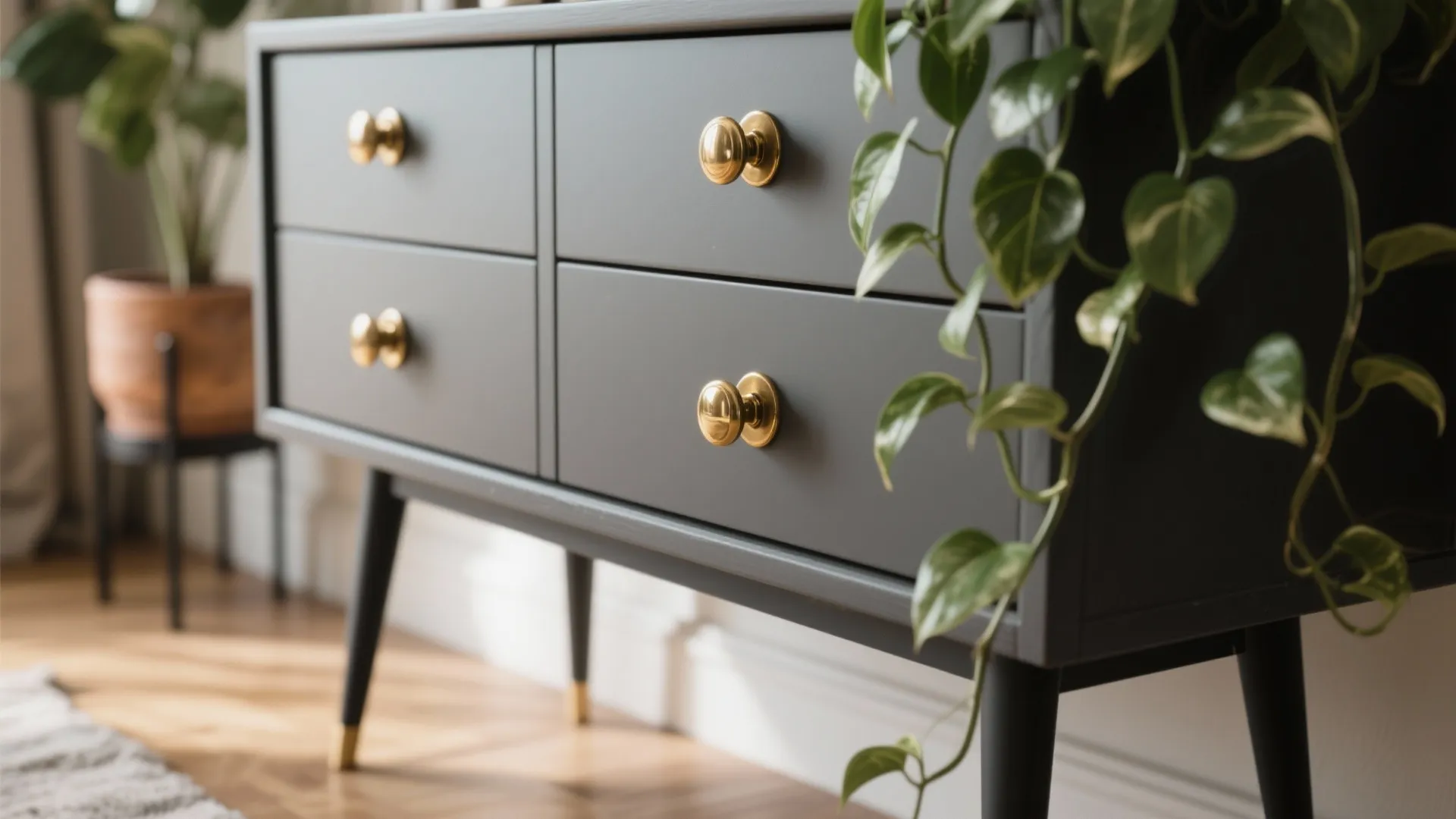Brass pulls on dark gray dresser with potted pothos for warmth