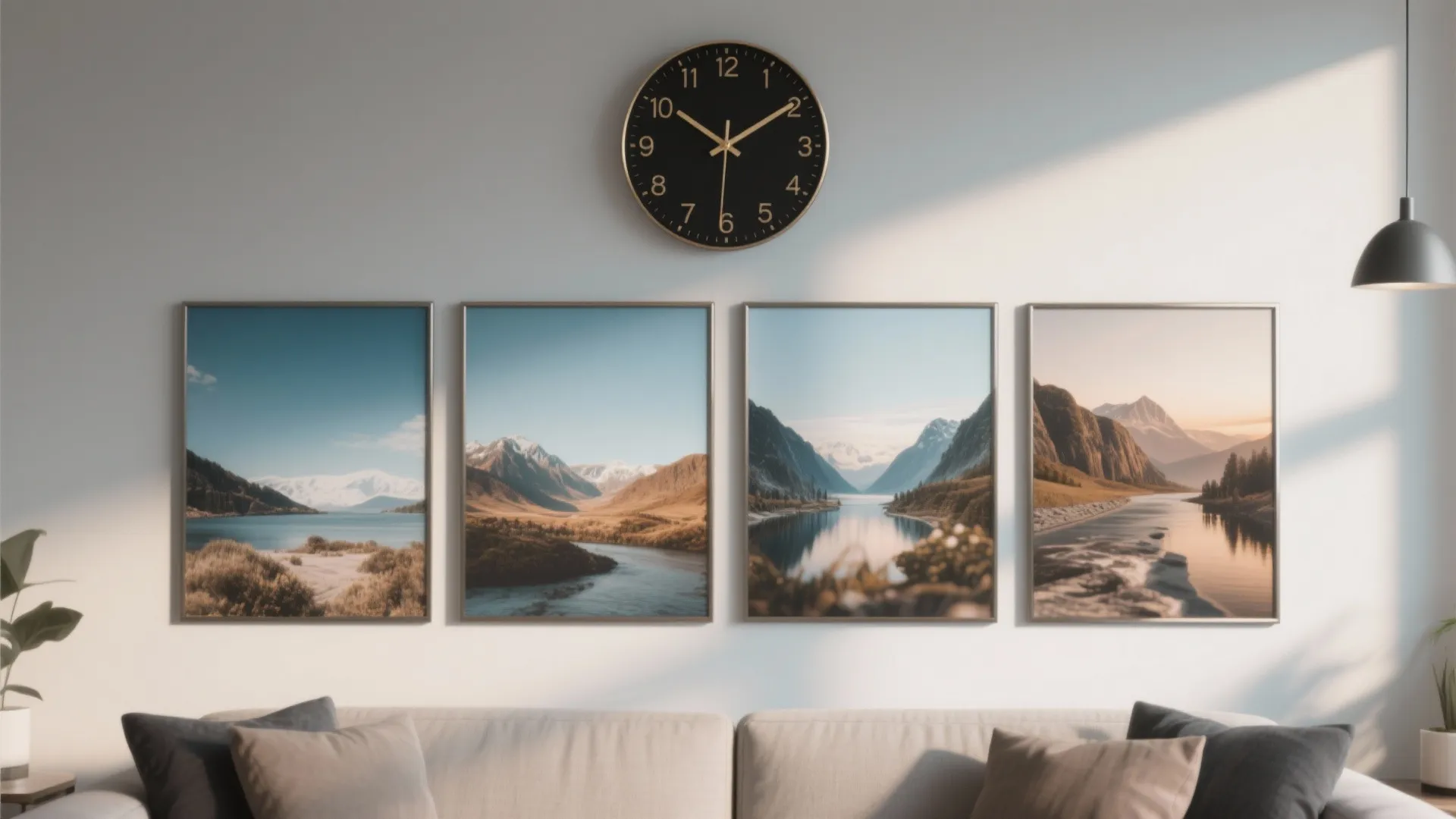 Four landscape paintings hanging on wall below black clock in living room with white sofa