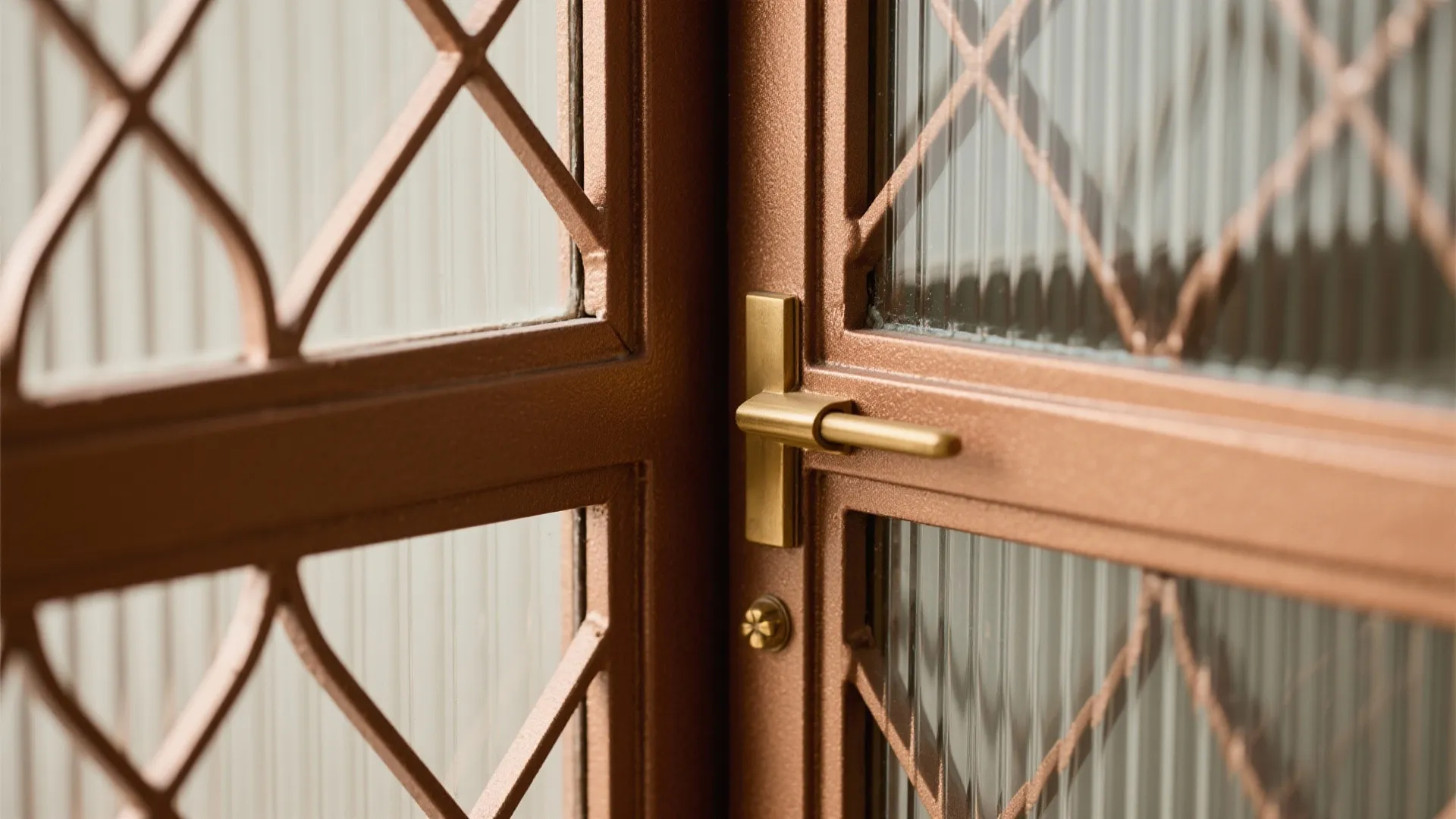 Macro of bronze metal grid frame with fluted glass and gasket detail.
