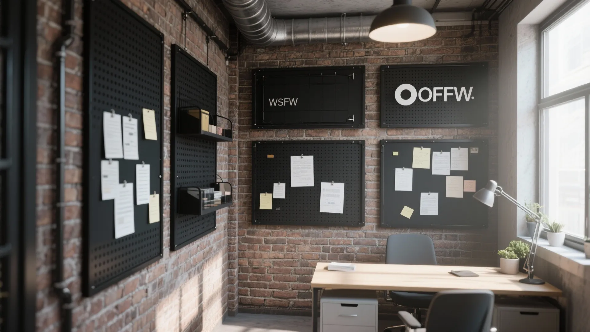 Industrial workspace with black metal grid wall panel storage