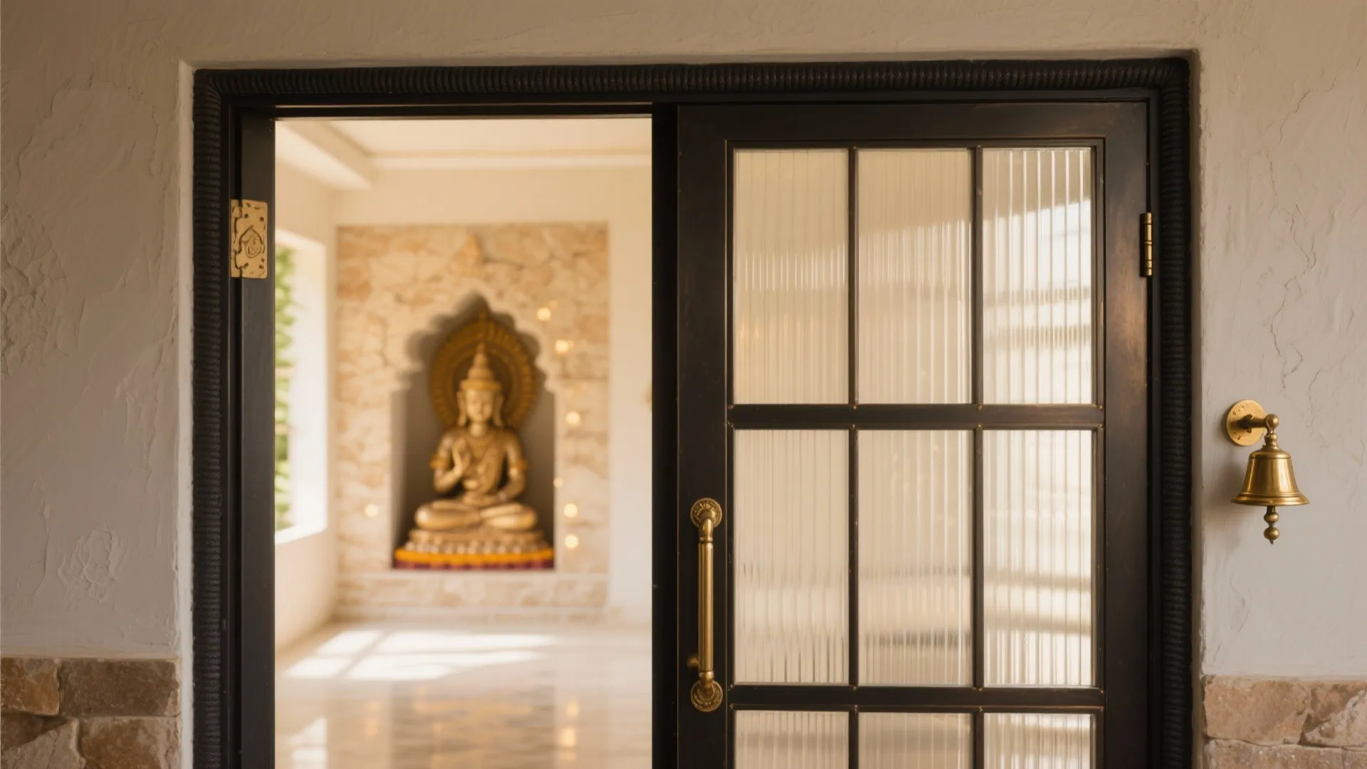 Bronze metal grid pooja door with fluted glass and brass bell pull.