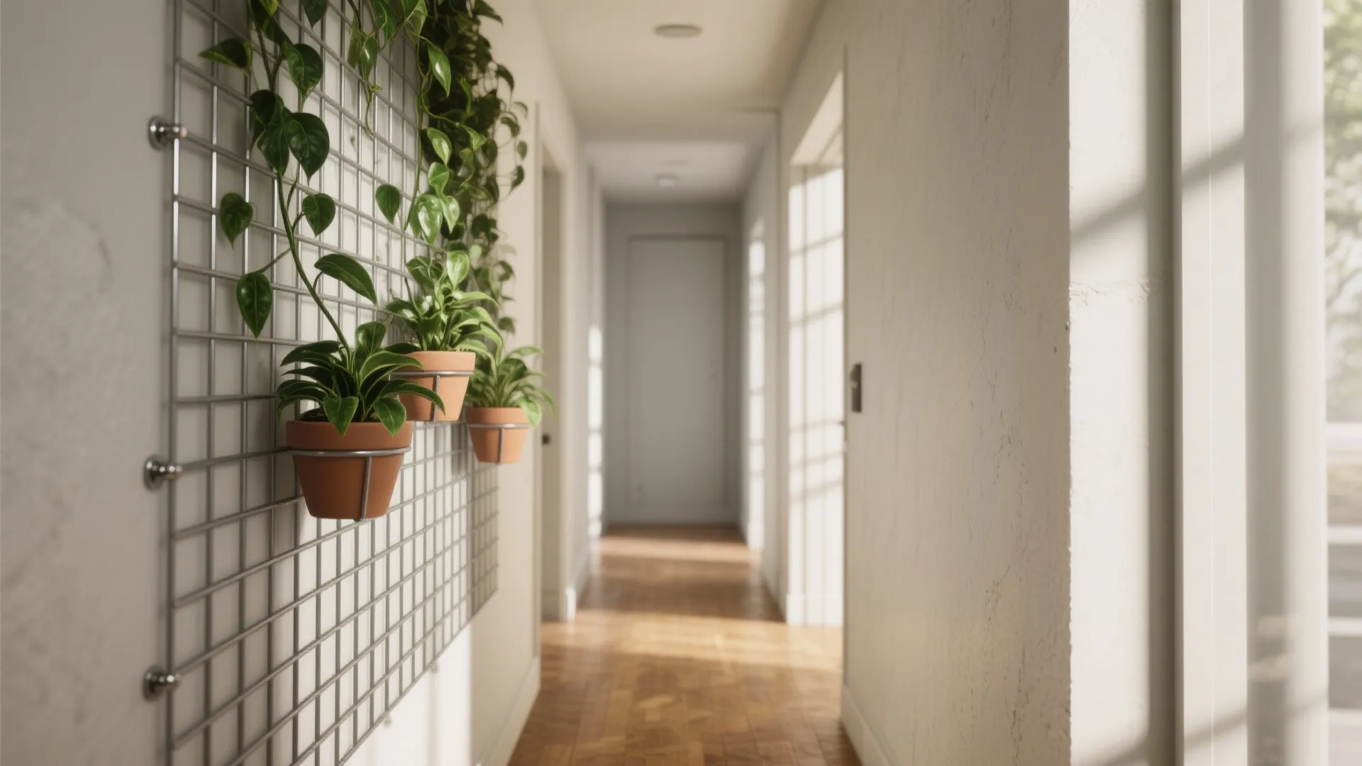 Slim powder-coated metal grid trellis in a narrow hallway with pothos plants and hanging pots.