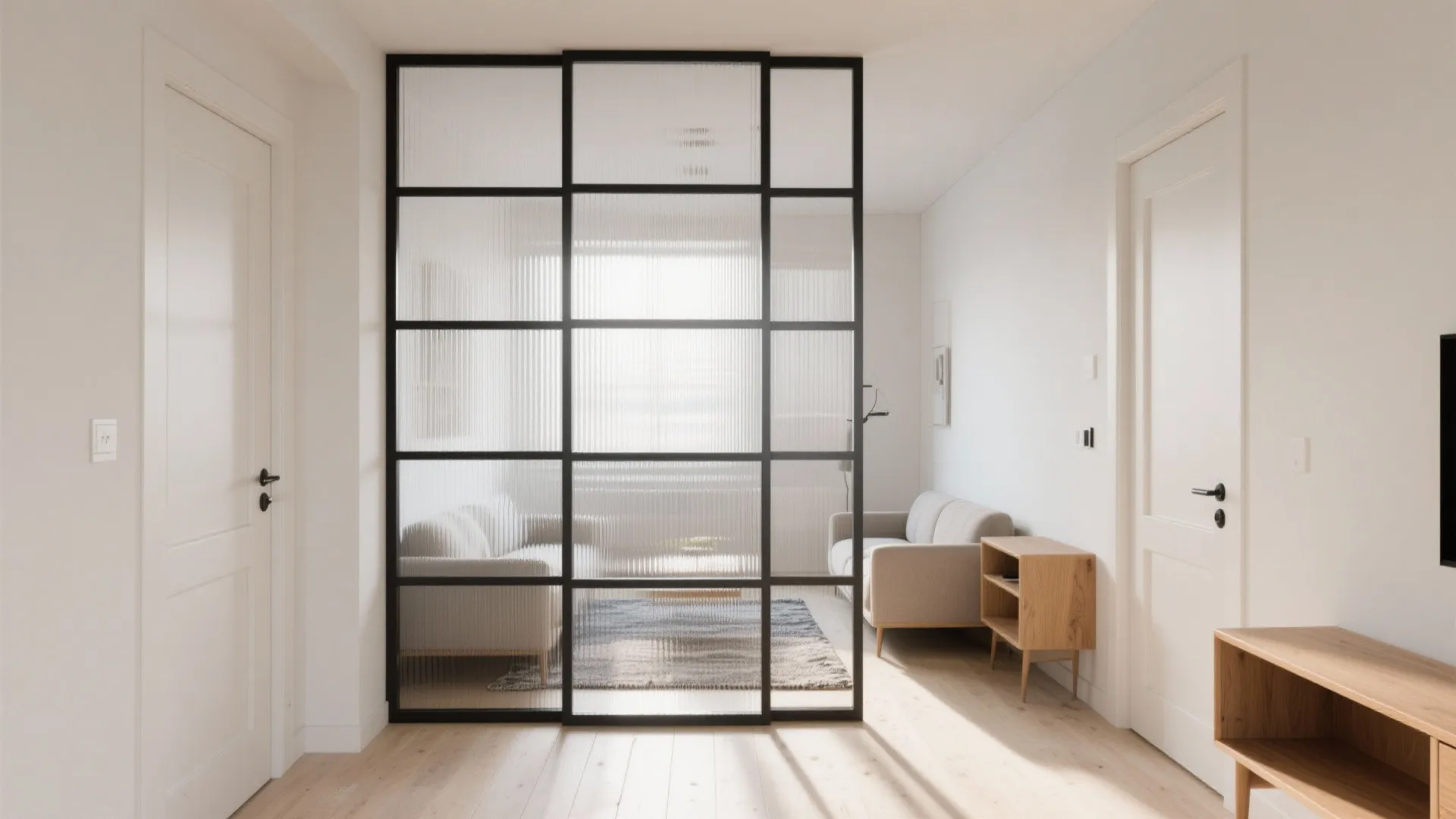 Living room with black frame glass wall divider white sofa and light wood floor design