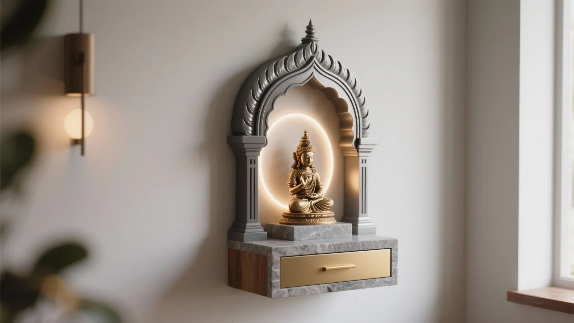 Contemporary Metal Outline Gopuram with LED Halo