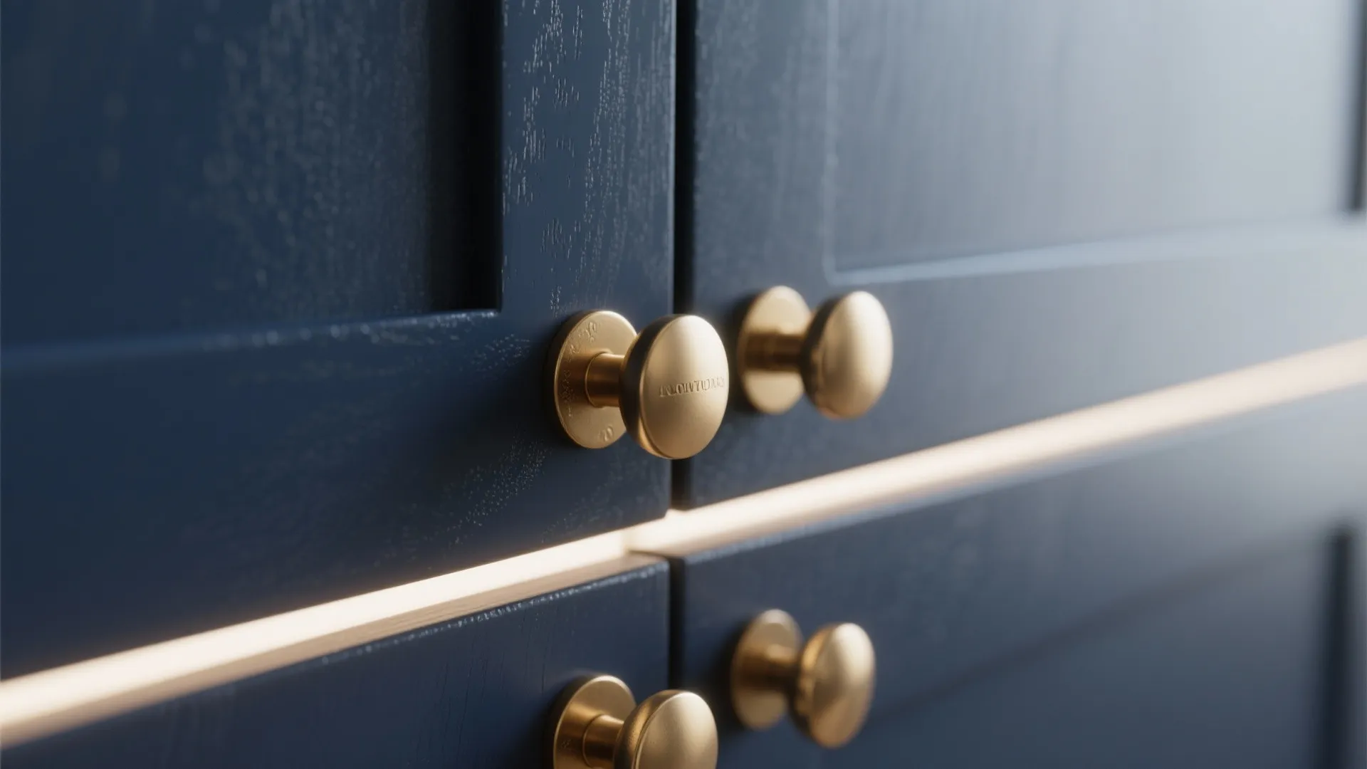 Close up of gold metal handles on dark blue wooden cabinet doors with soft warm lighting