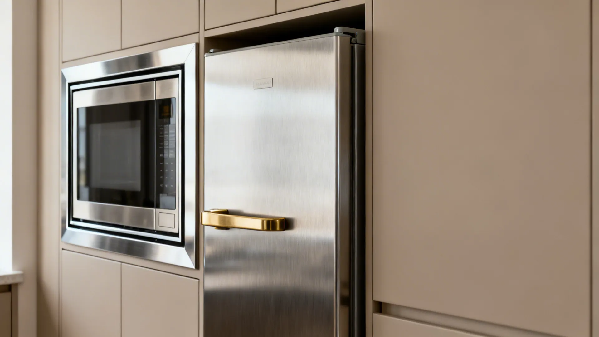 Small kitchen scene with a brass fridge handle and slim stainless trim around a microwave for a custom look.