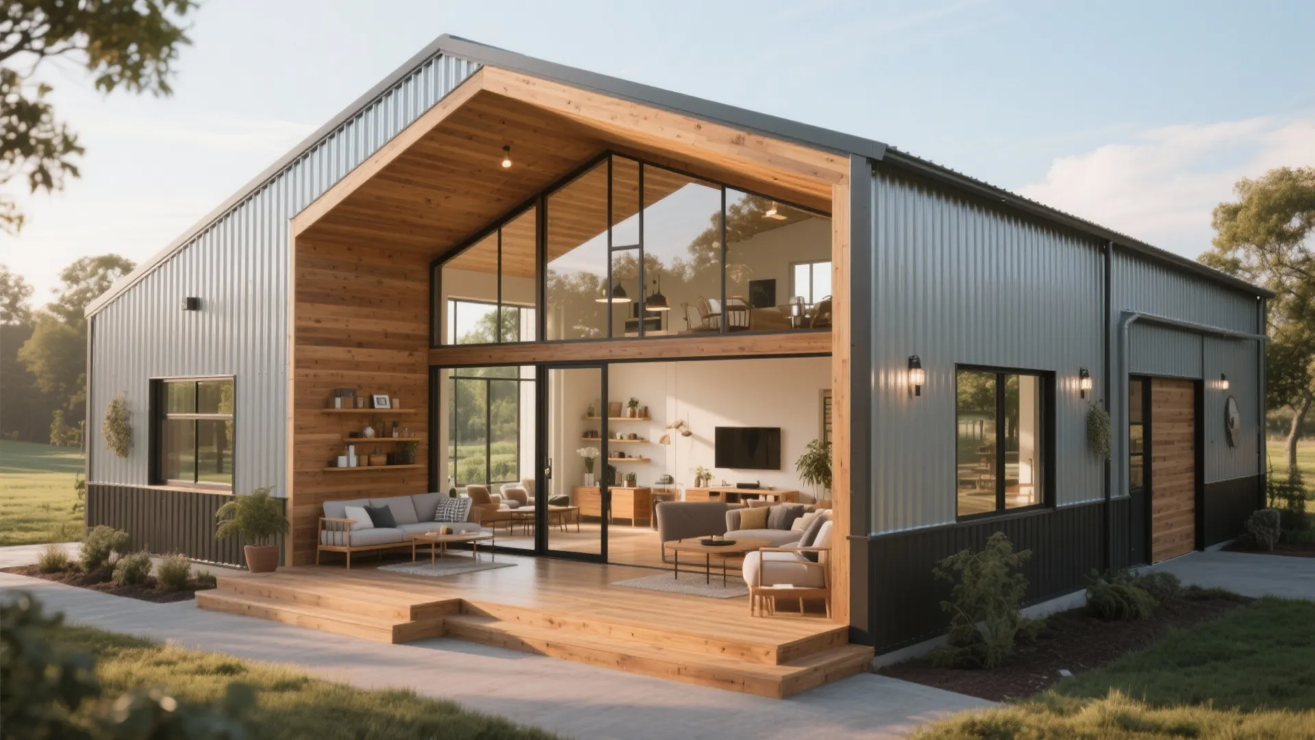 Modern metal home with large windows showing living room furniture wooden deck and green lawn