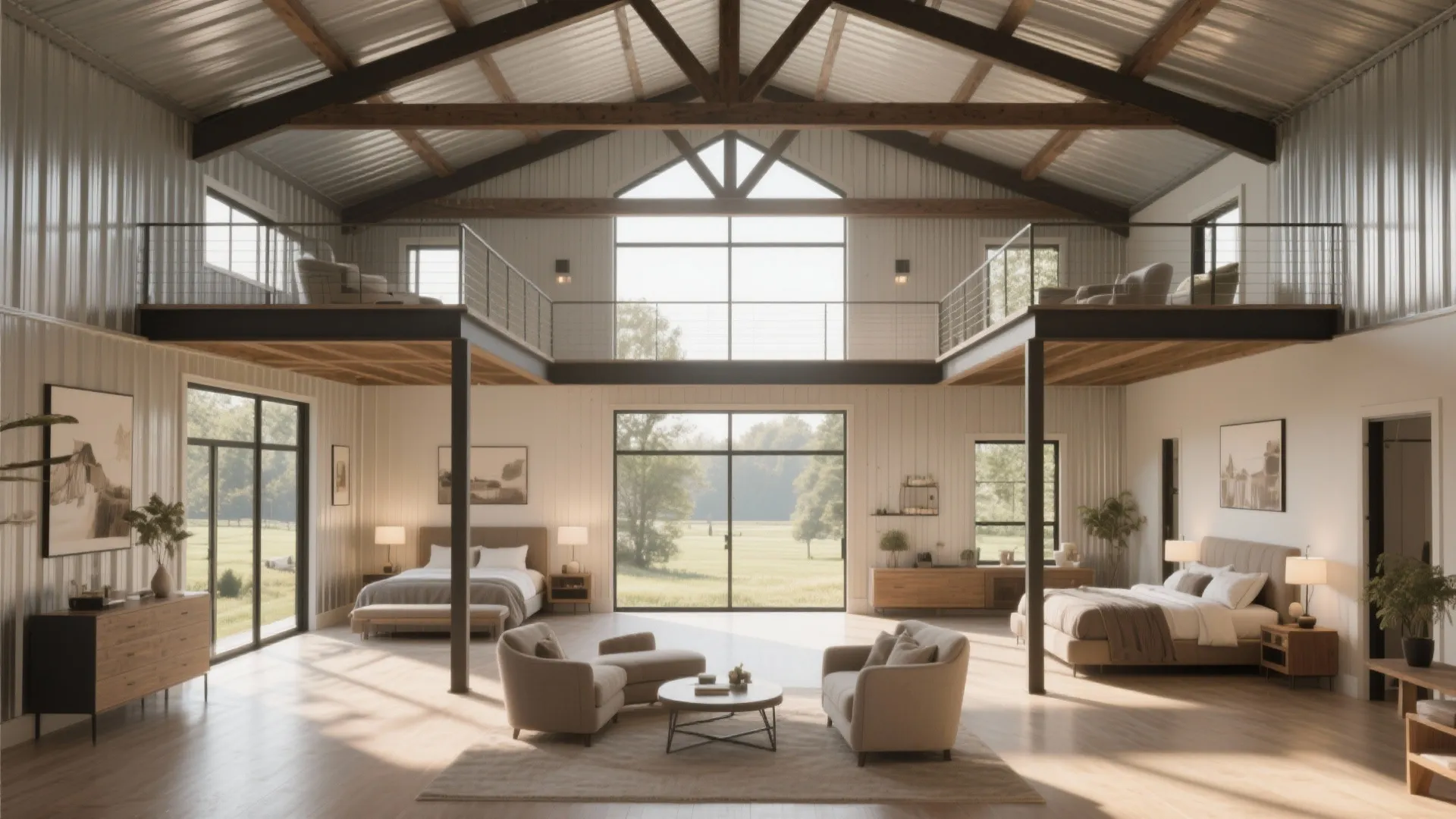 Modern loft interior design with two beds large windows metal roof and upstairs seating area