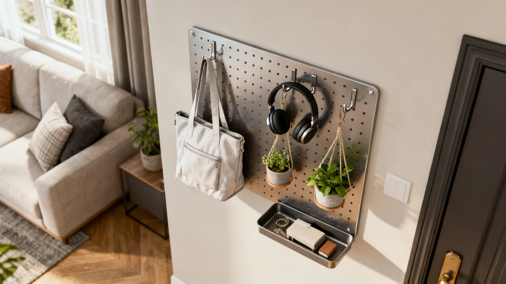 Pegboard with metal hooks holding headphones, bags, and planters above a small tray in a living room