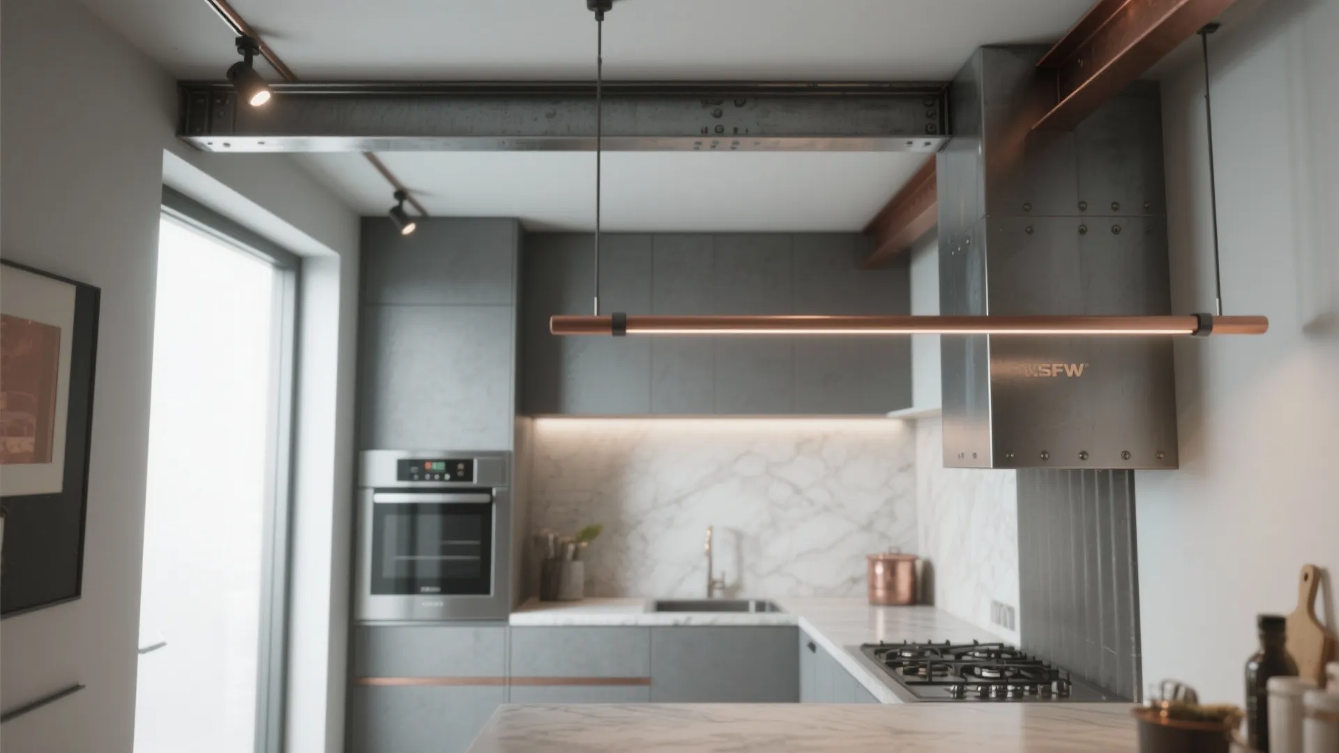 Industrial kitchen design with grey cabinets copper light fixture metal ceiling beam and marble counters