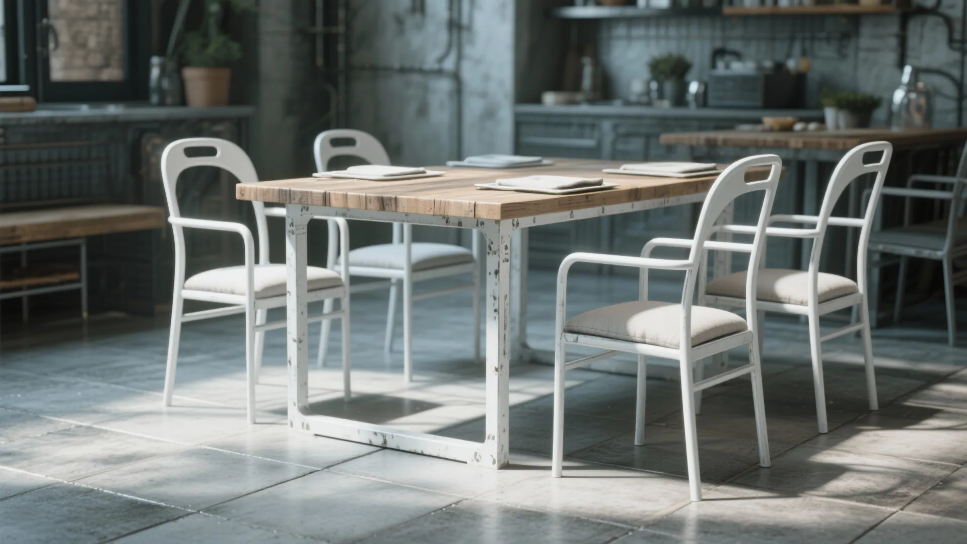 4. Metal-framed white chairs for industrial chic