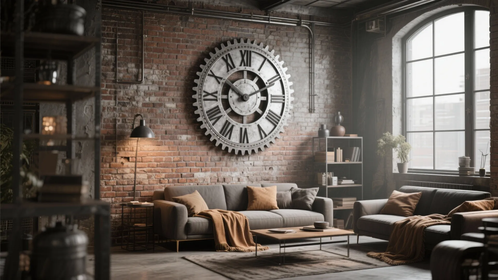 Industrial loft living room with brushed steel wall clock