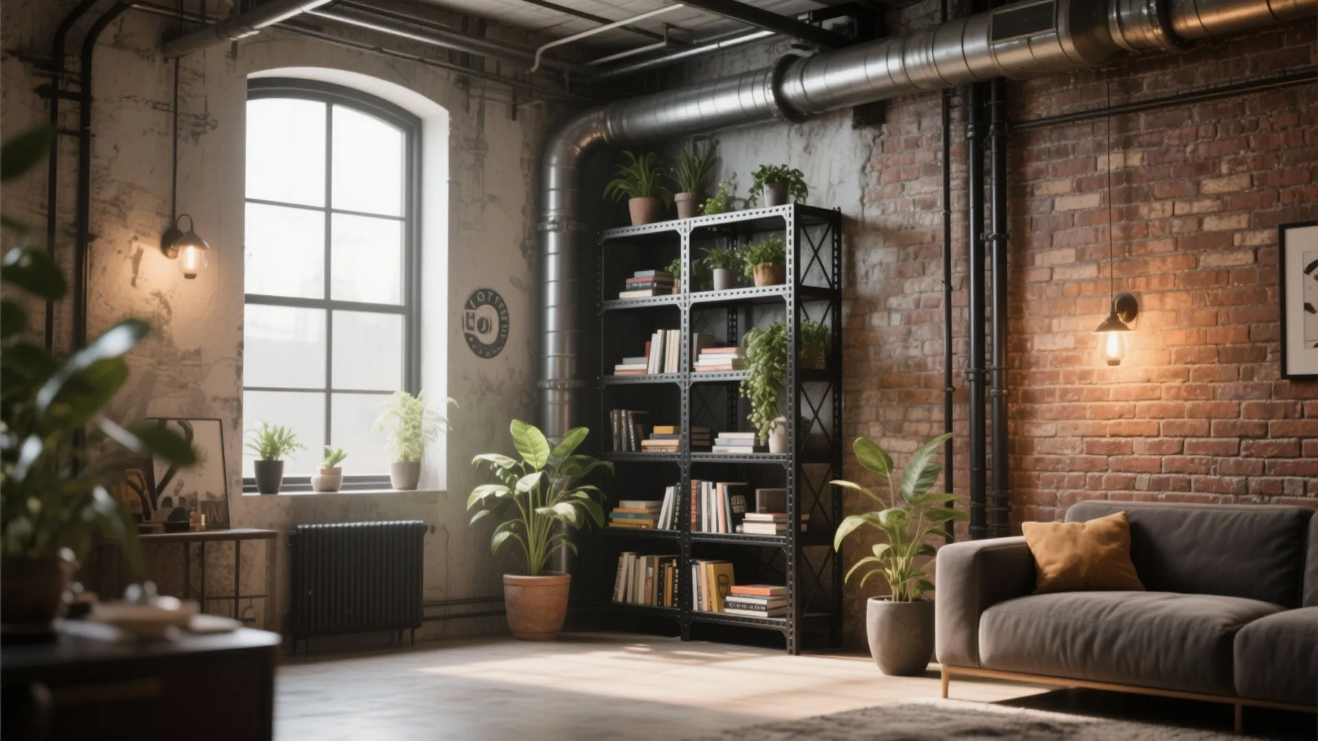 Industrial living room with brick wall black metal bookshelf grey sofa and large arched window