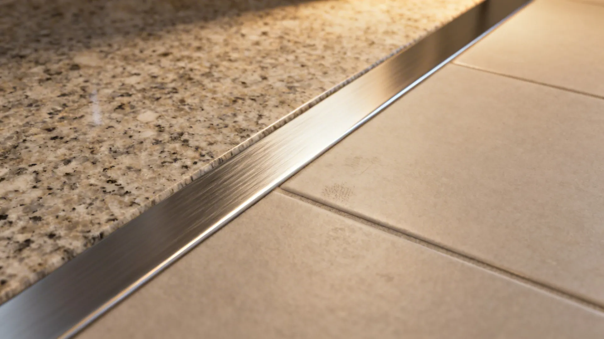 Slim brushed nickel inlay detail between granite countertop and tile