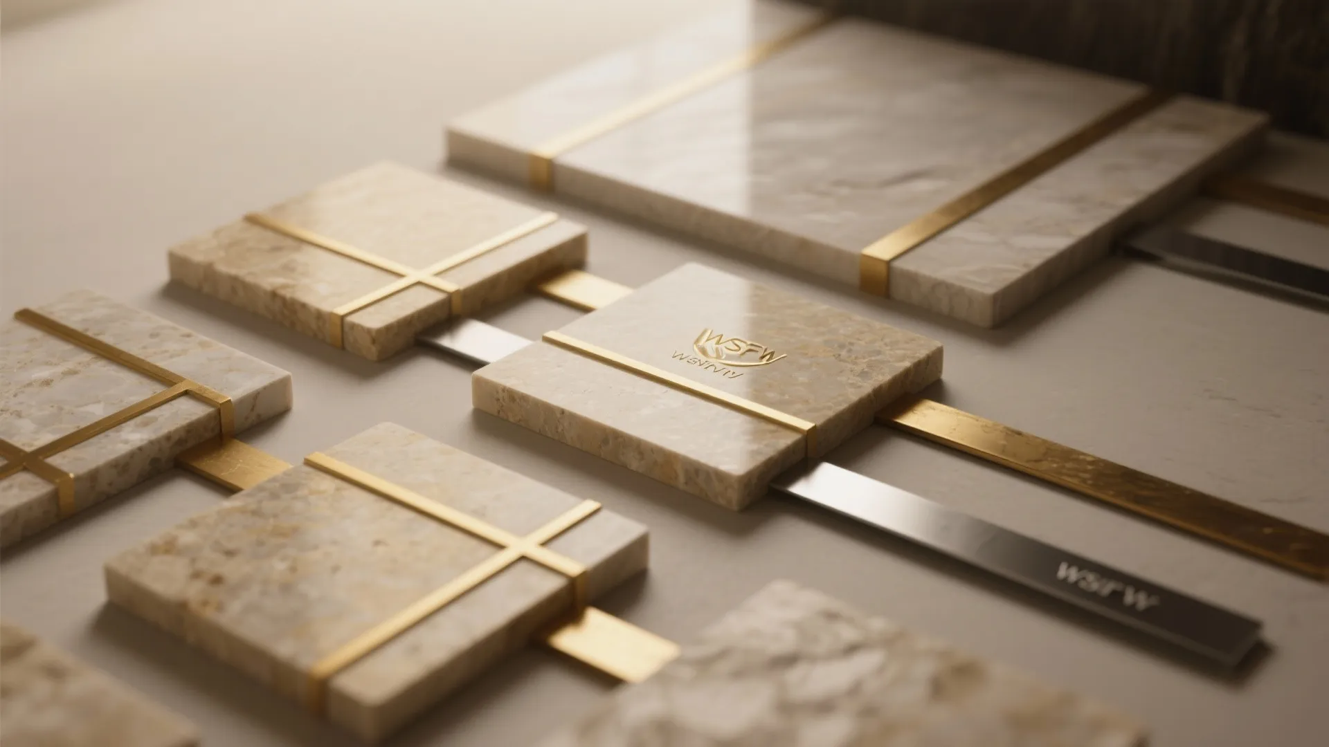Square stone tile samples with gold metal lines arranged on a flat surface for design