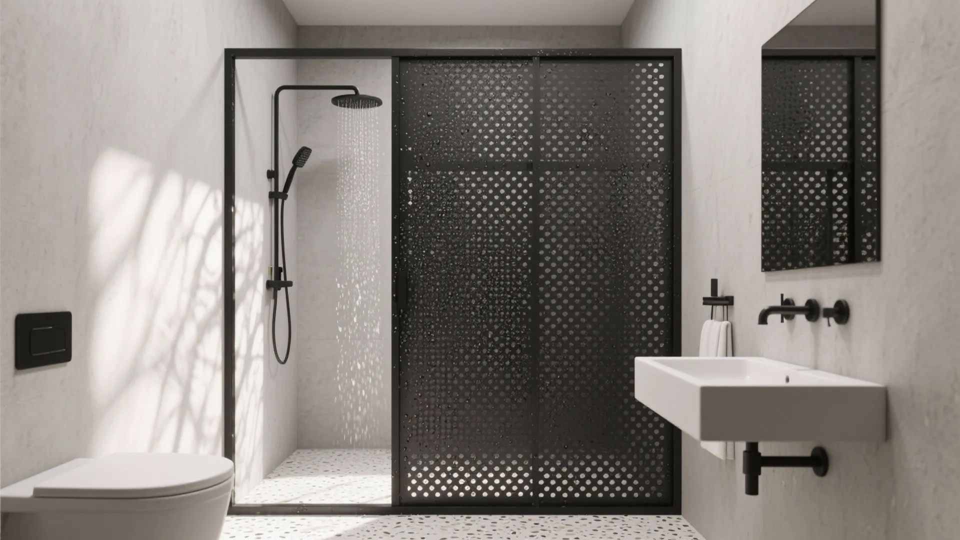 1) Minimal perforated metal jali for showers