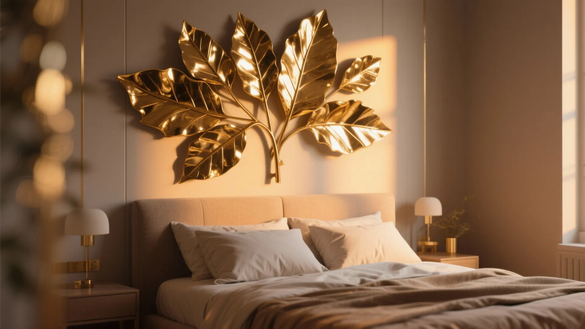 Cozy bedroom with gold leaf wall art above bed white bedding and two table lamps