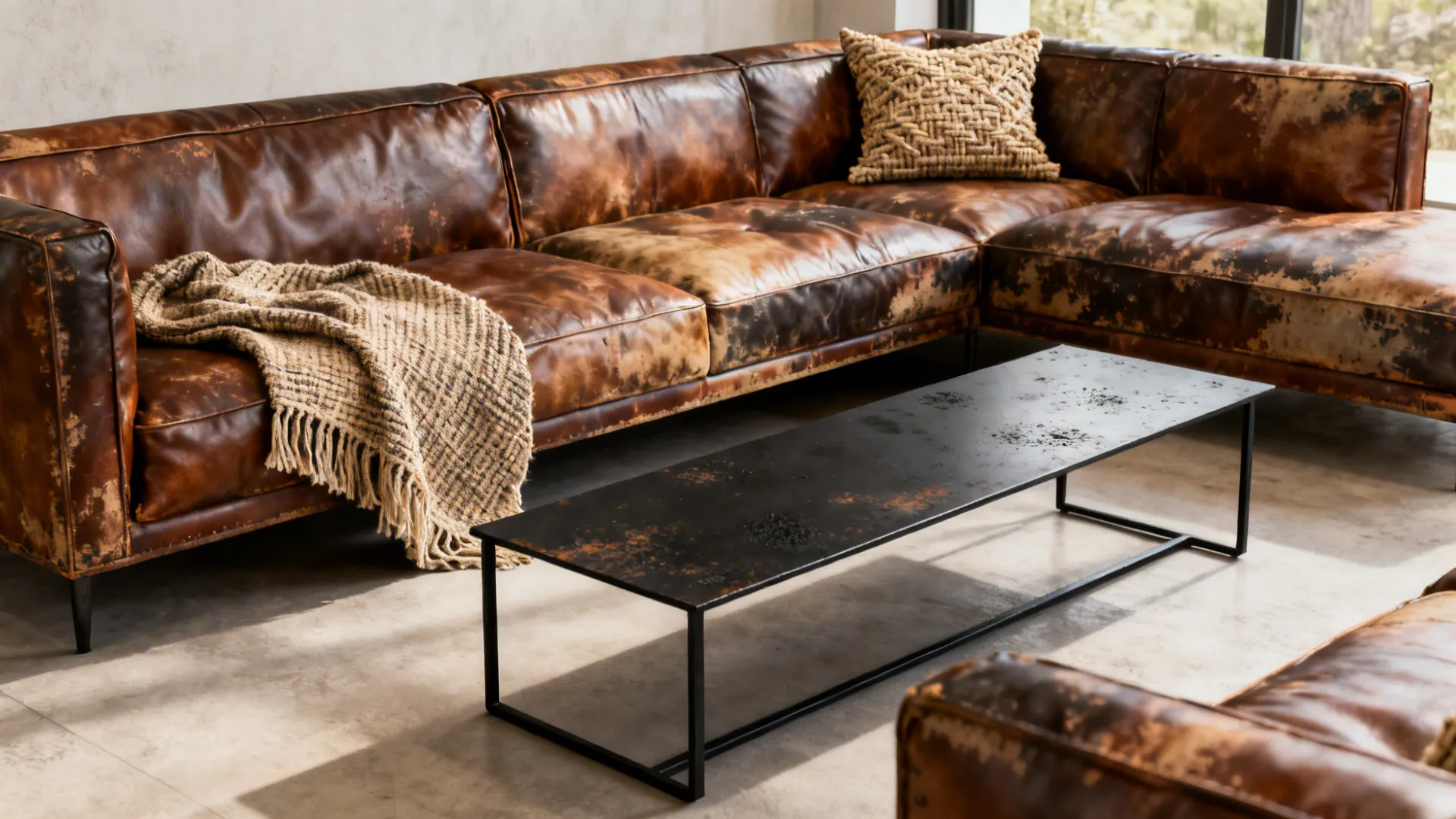 Distressed leather sofa paired with a slim black steel coffee table in a modern rustic setting.